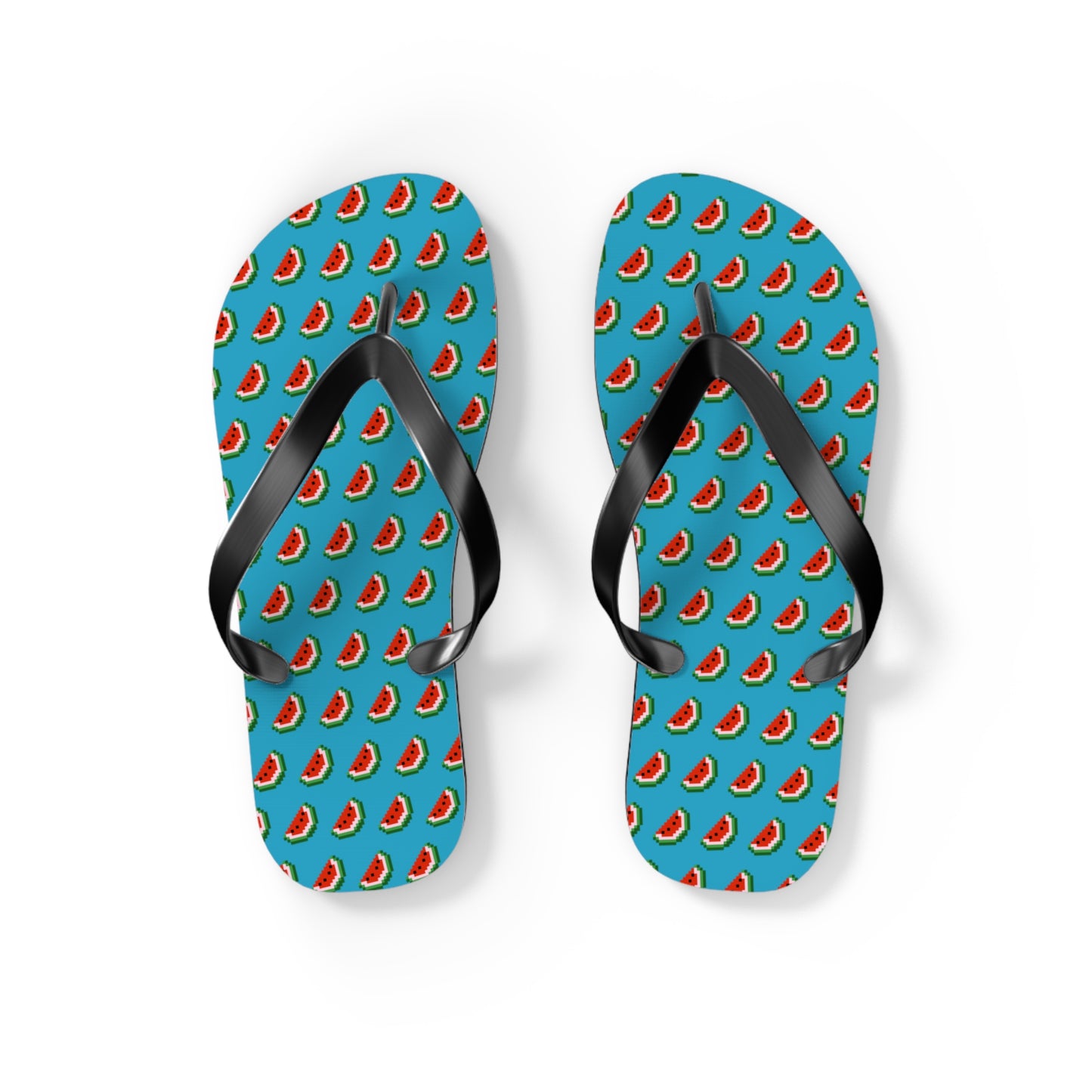 Top view of watermelon flip flops with turquoise base and fruit pattern