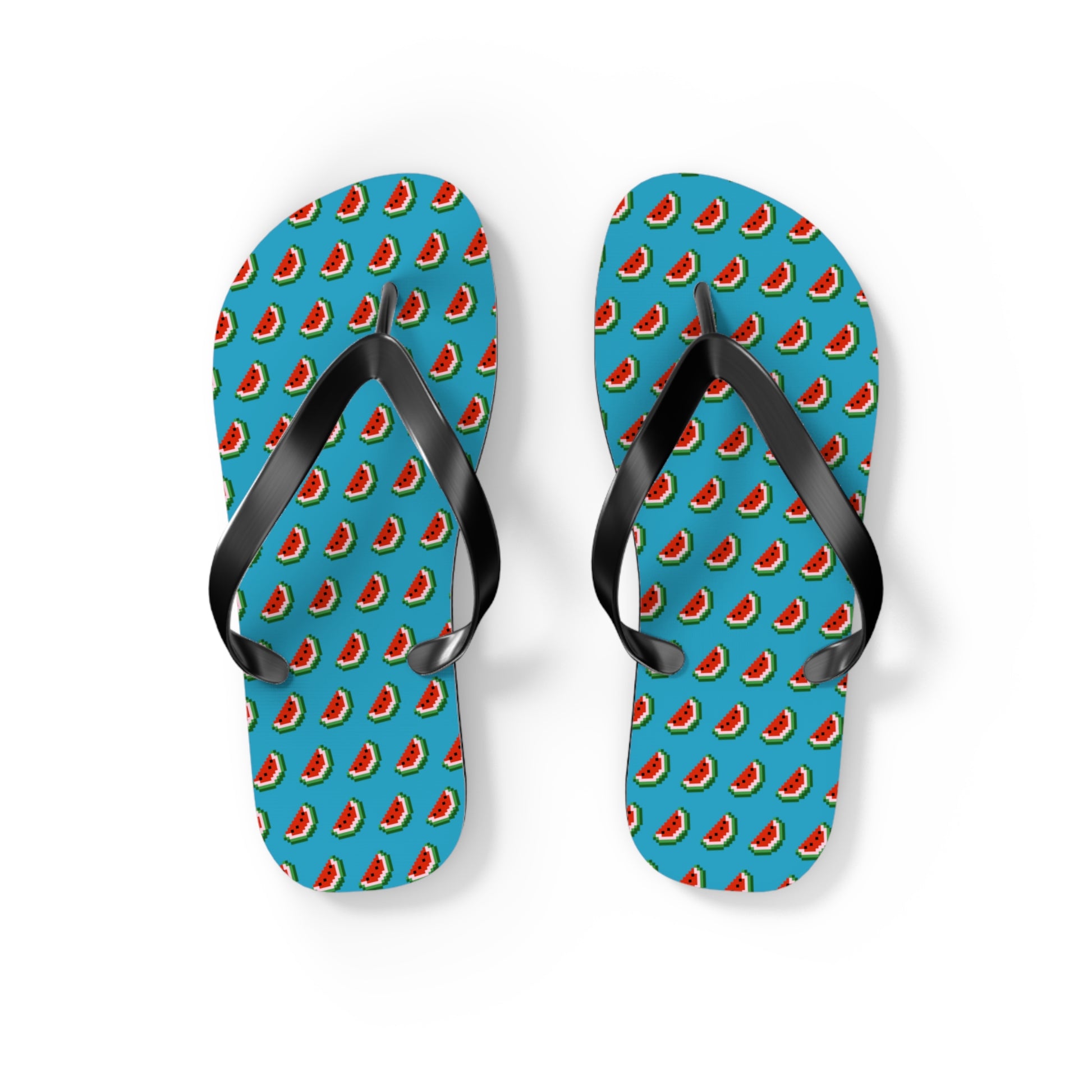 Top view of watermelon flip flops with turquoise base and fruit pattern