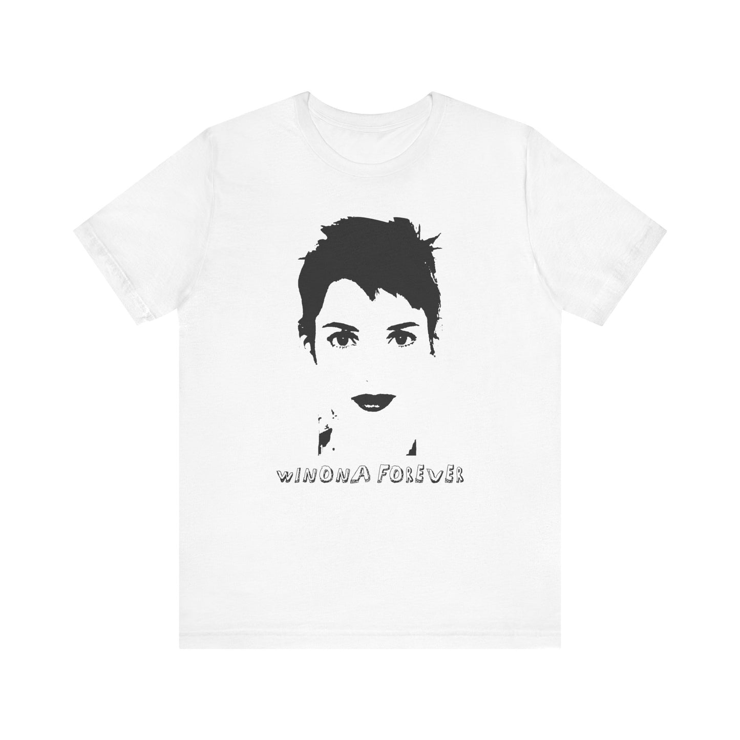White t-shirt with black graphic and text 'WINONA FOREVER' on a white background