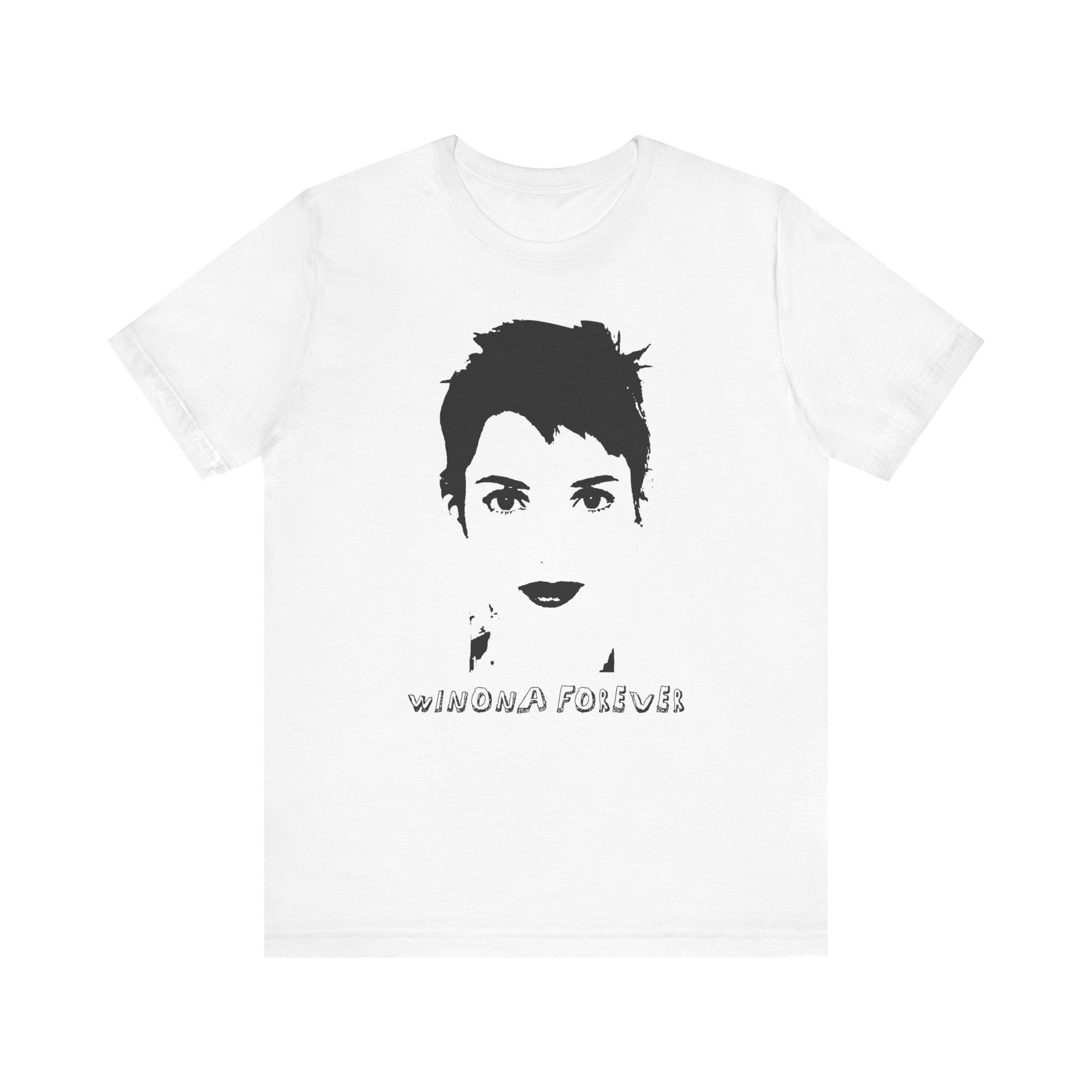 White t-shirt with black graphic and text 'WINONA FOREVER' on a white background