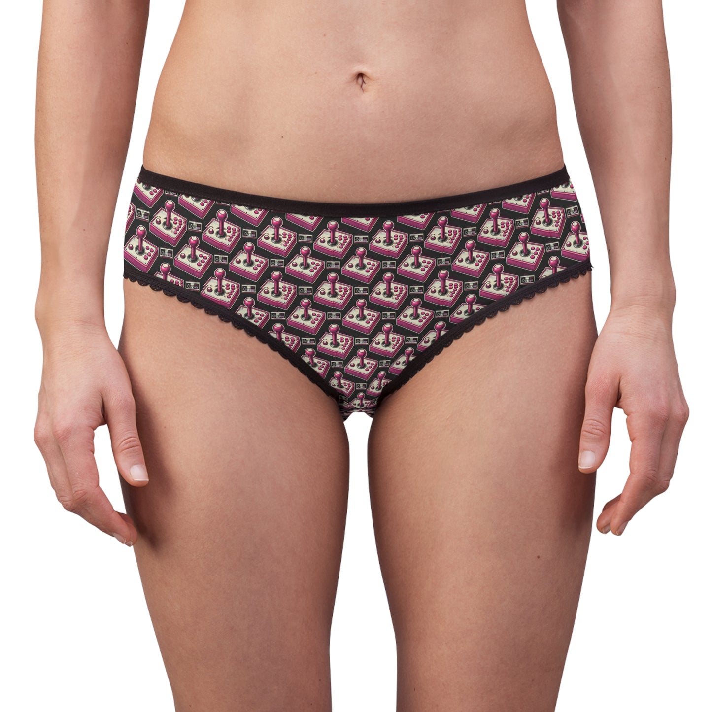 woman wearing retro joystick underwear gamer girl briefs front view