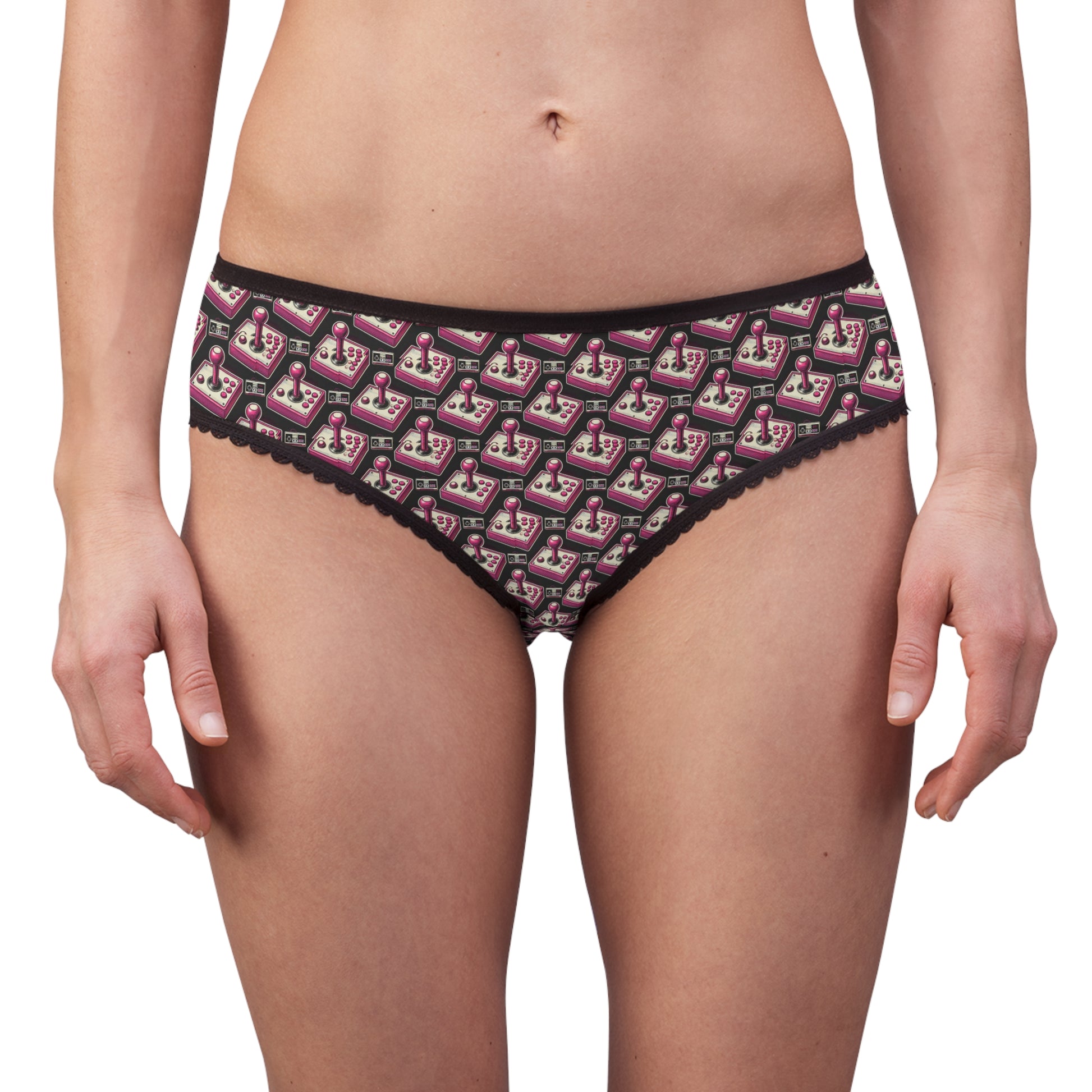 woman wearing retro joystick underwear gamer girl briefs front view