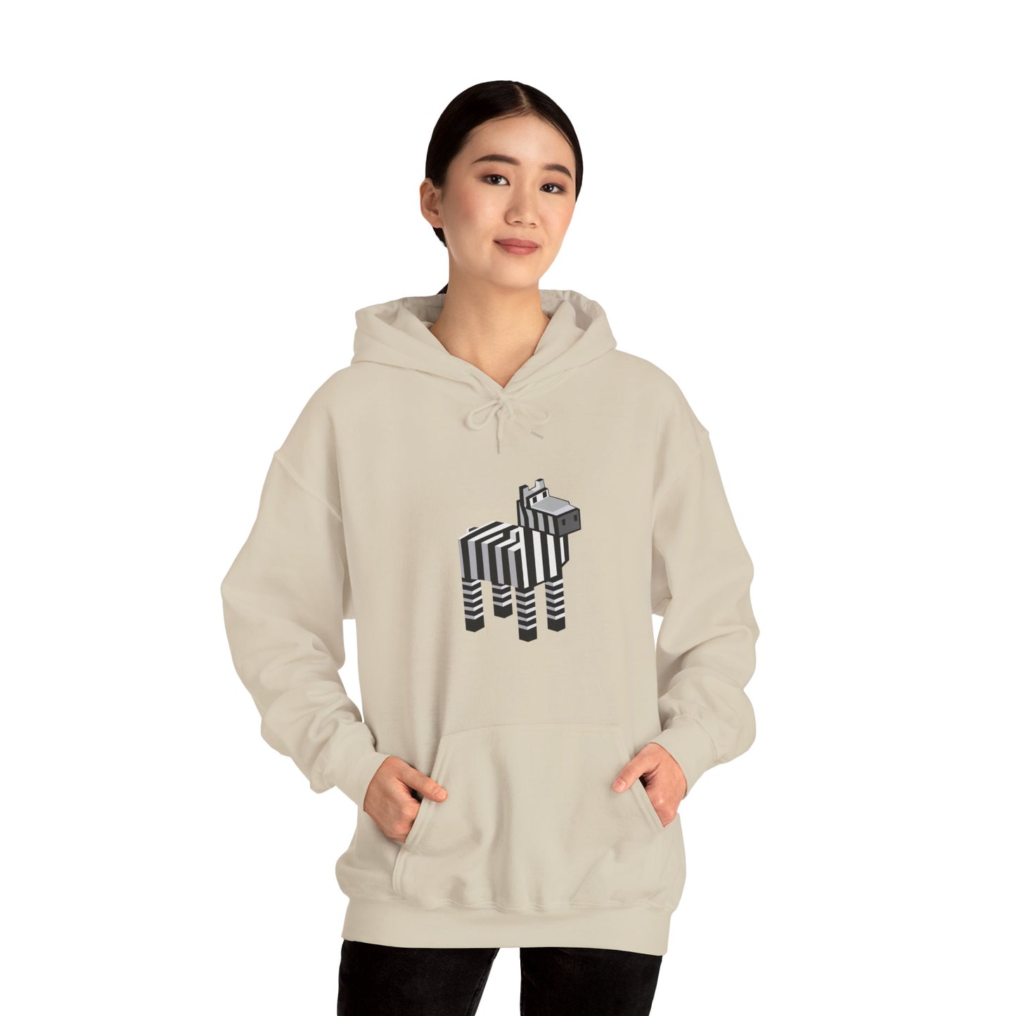 Arcade Zebra Hooded Sweatshirt – Retro Gaming Pixel Hoodie worn by woman in beige