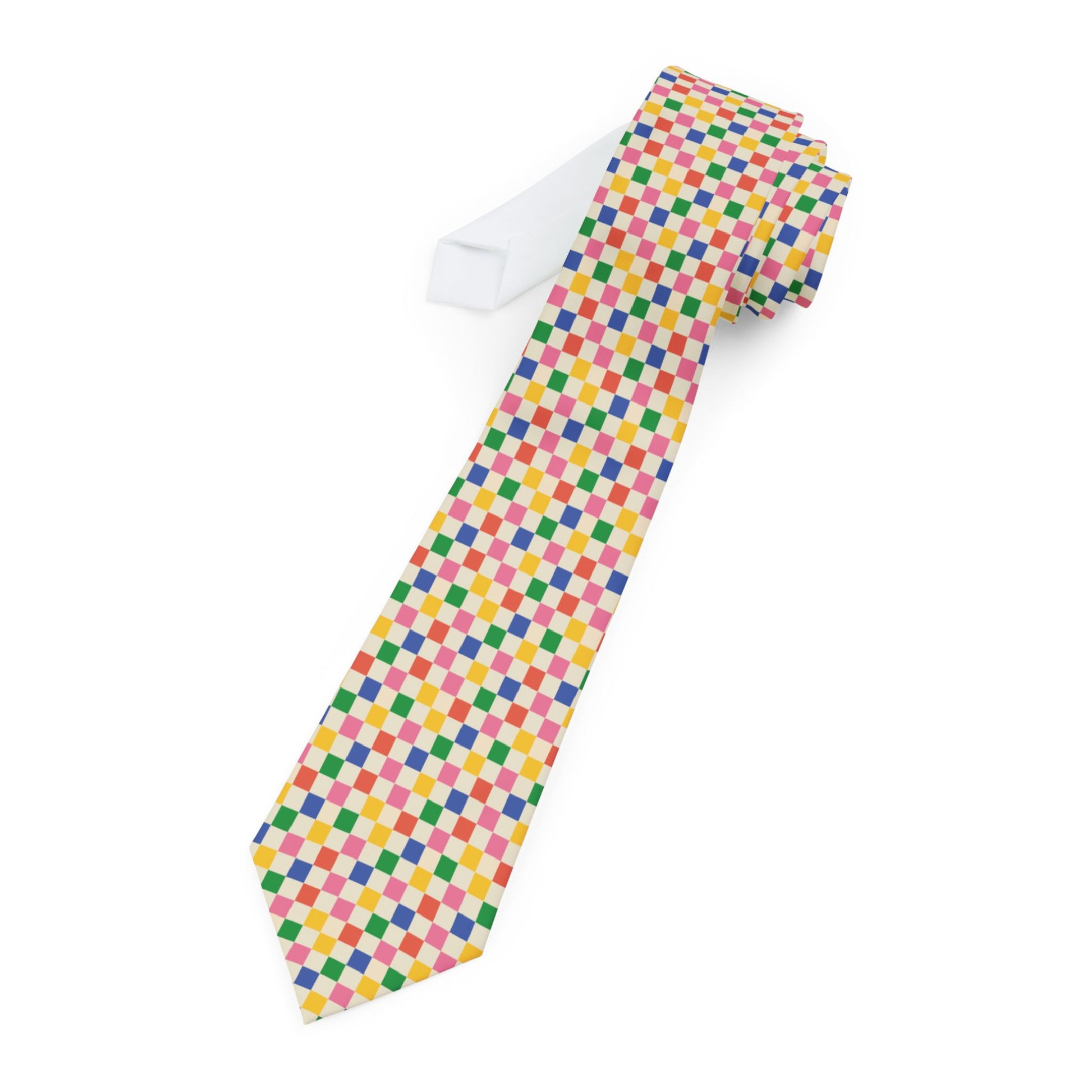 close up of pixel pattern necktie with retro gaming design