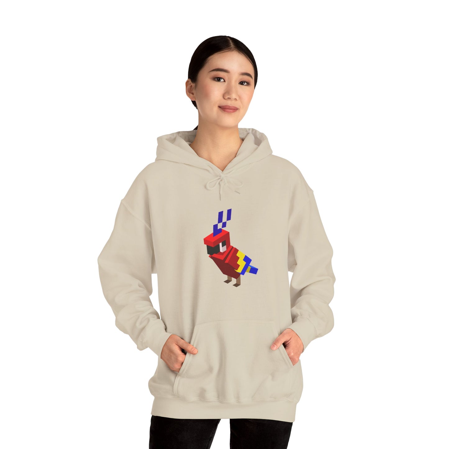 Arcade Parrot Hooded Sweatshirt – Retro Gaming Hoodie worn by model in beige