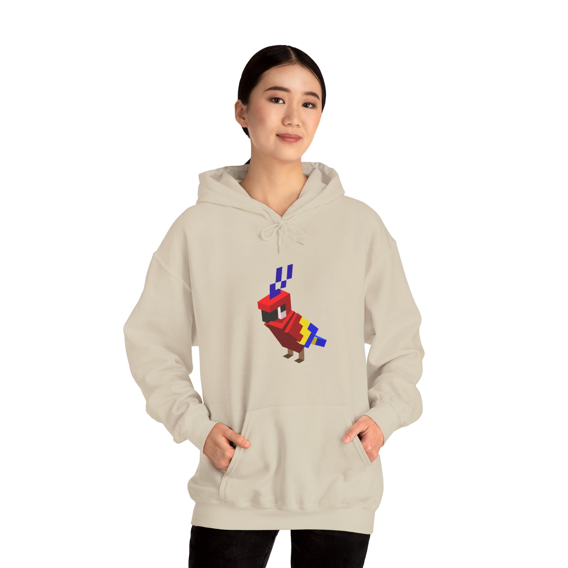 Arcade Parrot Hooded Sweatshirt – Retro Gaming Hoodie worn by model in beige