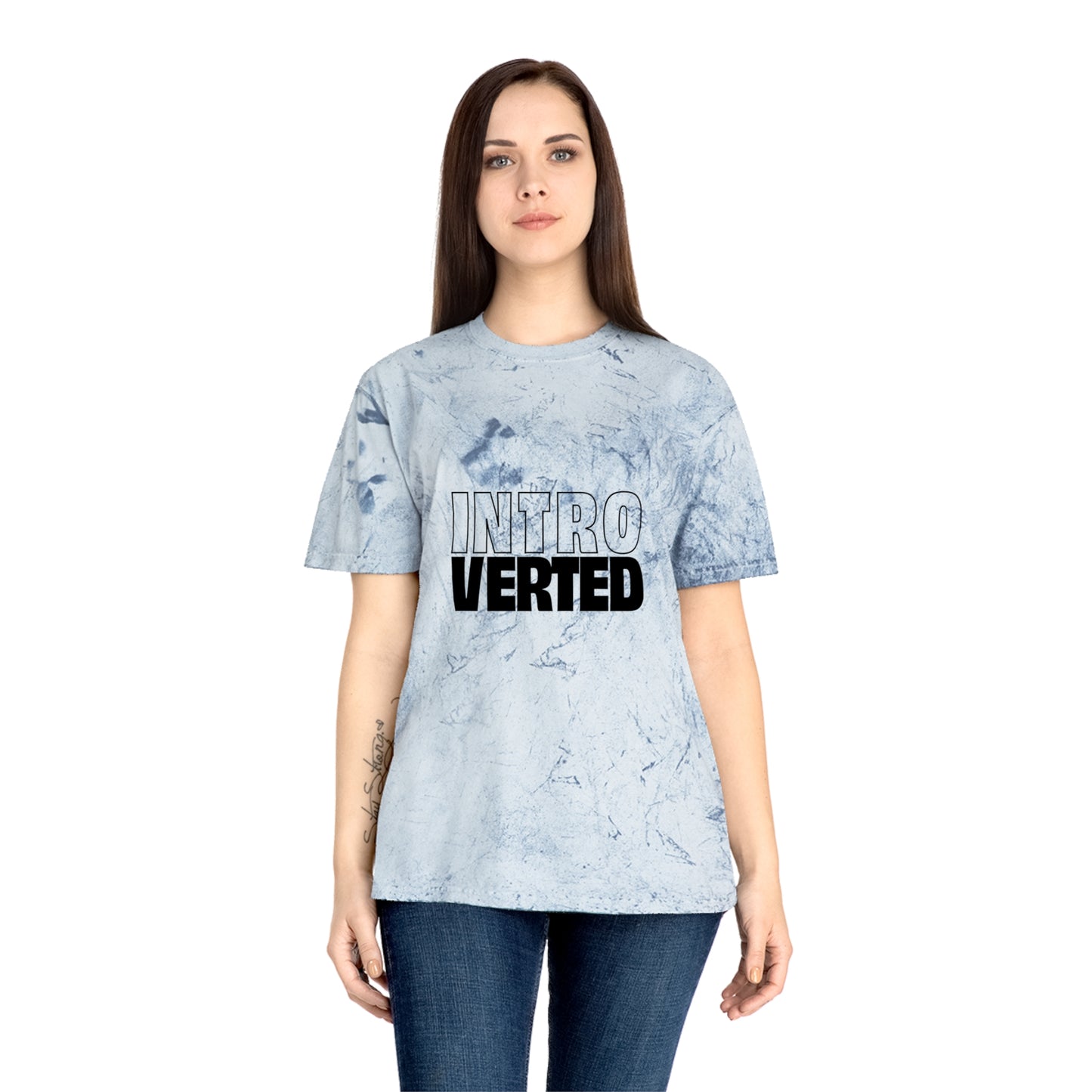 Woman wearing blue tie-dye Introverted Color Blast T-Shirt