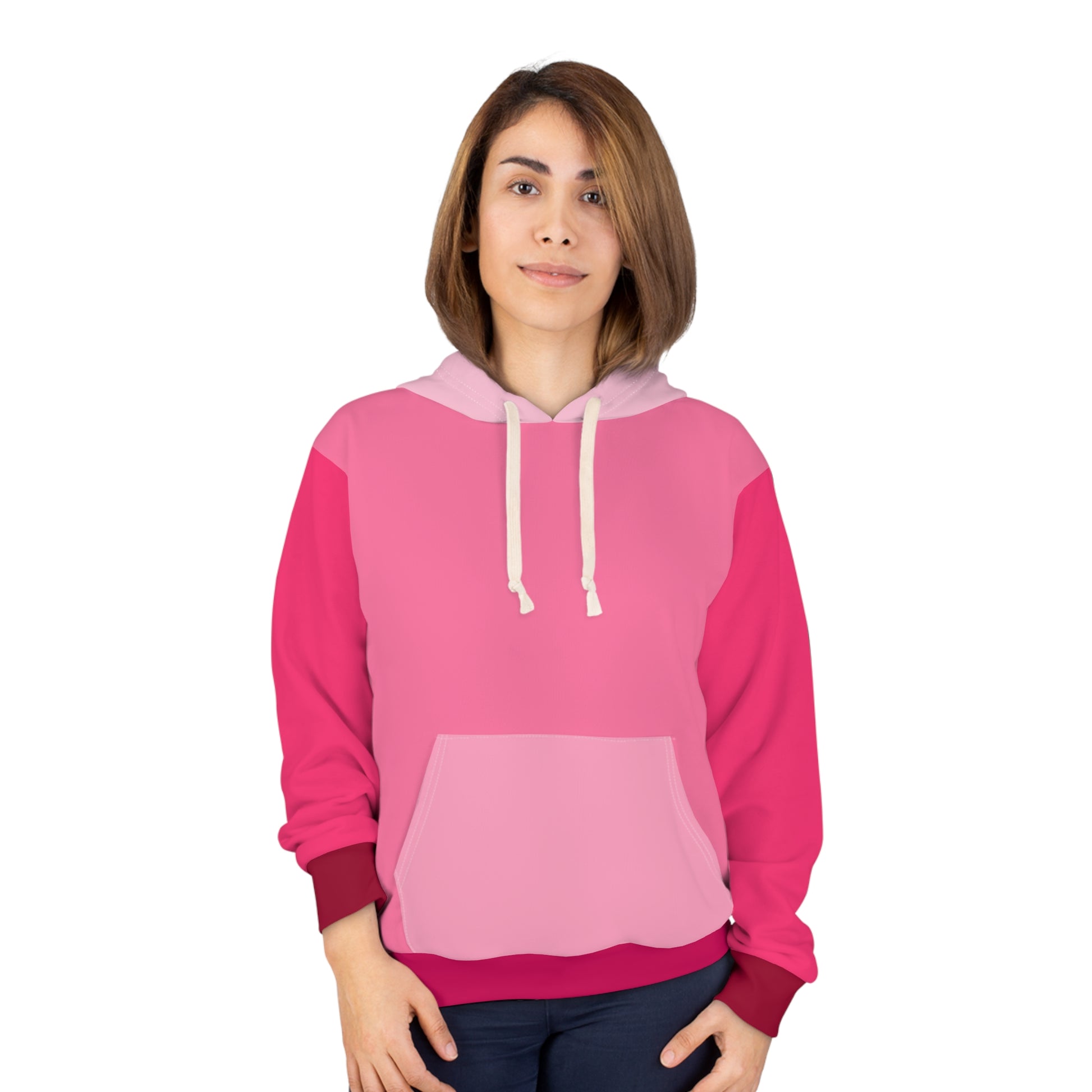 Female model wearing Strawberry Cream Unisex Hoodie displaying vibrant pink shades, comfortable fit, and fun casual fashion look