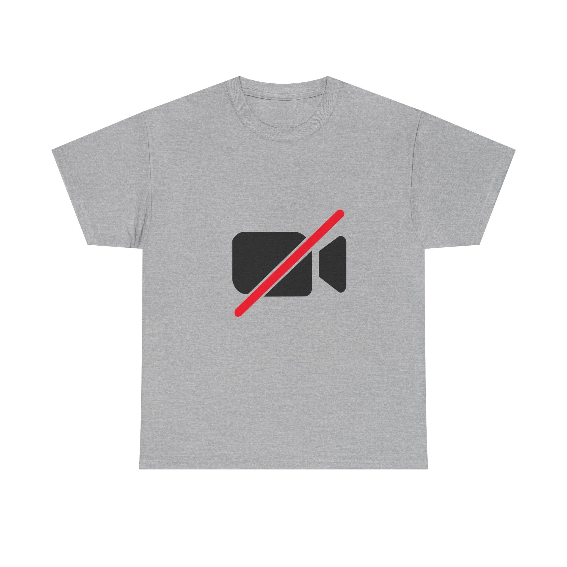 Camera Off unisex T-shirt funny work from home graphic tee with minimalist camera off symbol on grey shirt