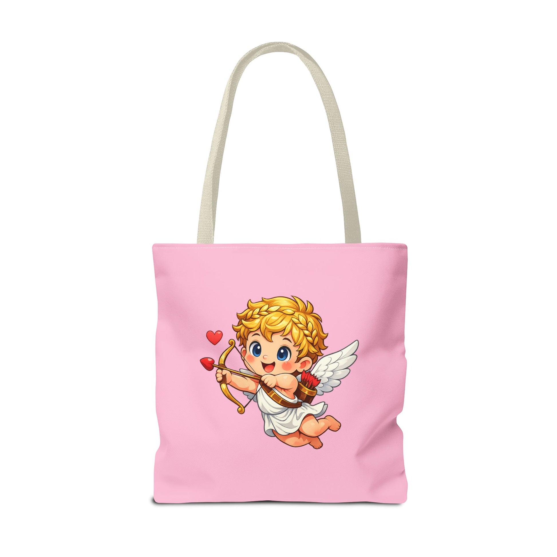 Pink tote bag with a cartoon cupid design on a white background