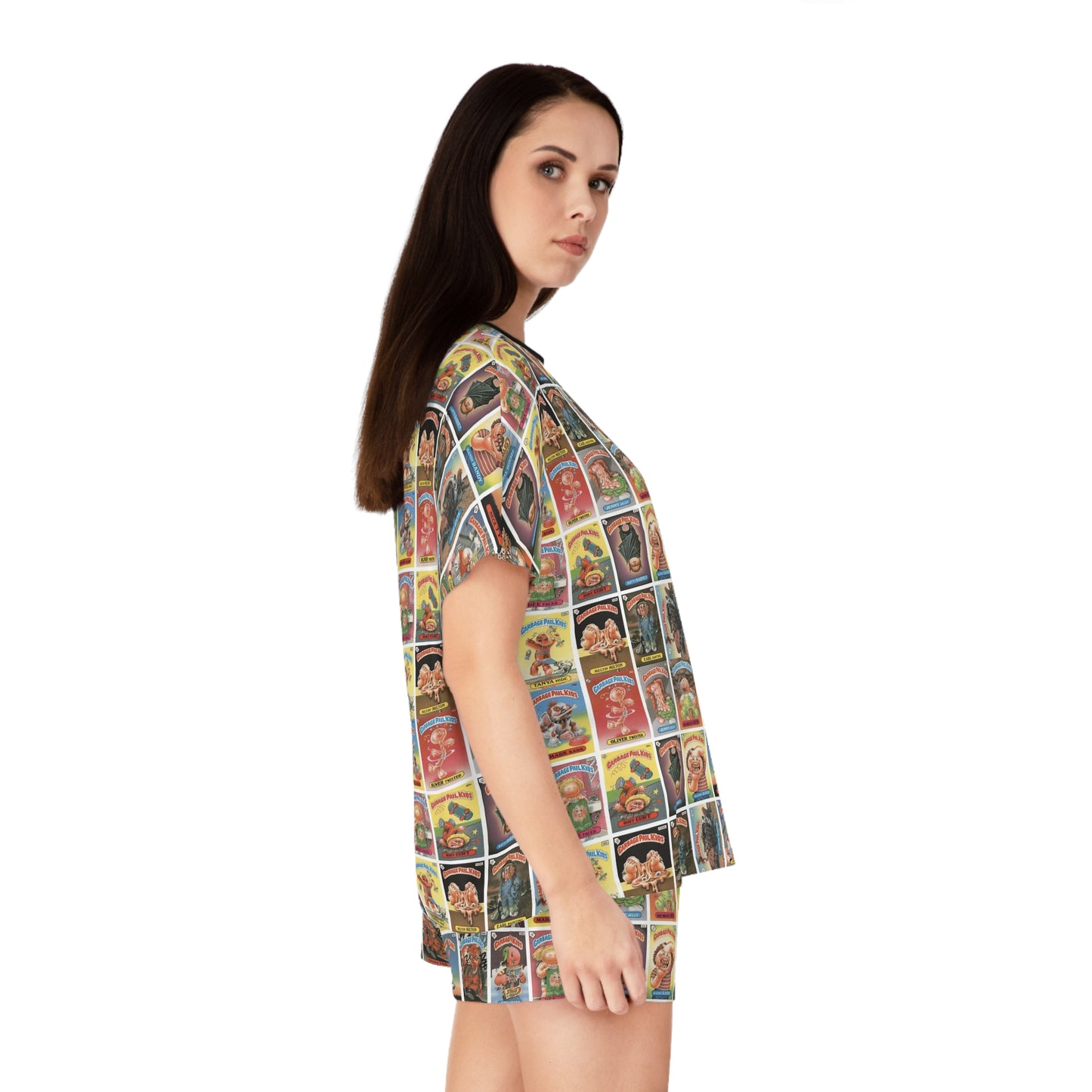 Woman wearing a colorful patterned shirt on a white background