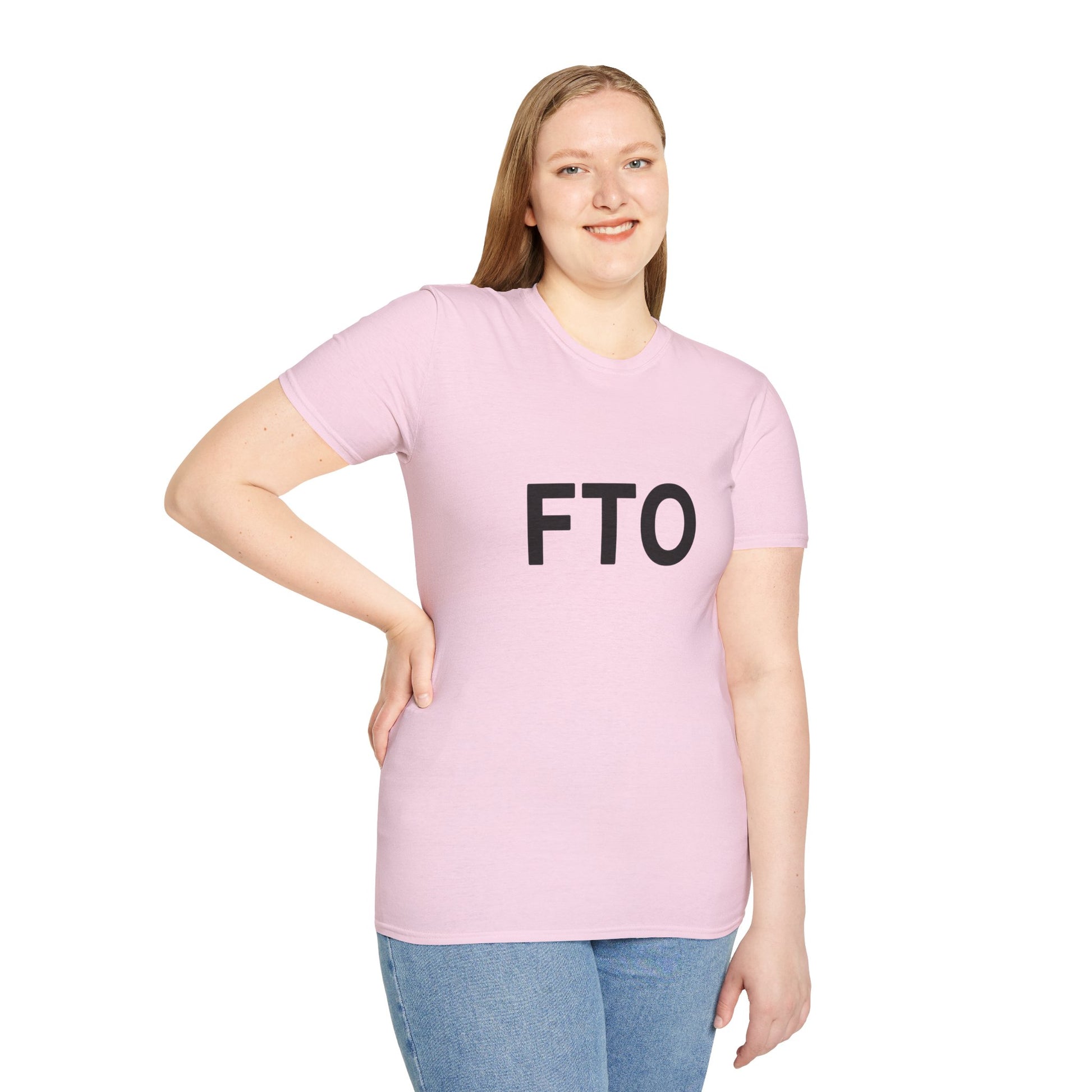 Person wearing a pink t-shirt with 'FTO' text on a white background