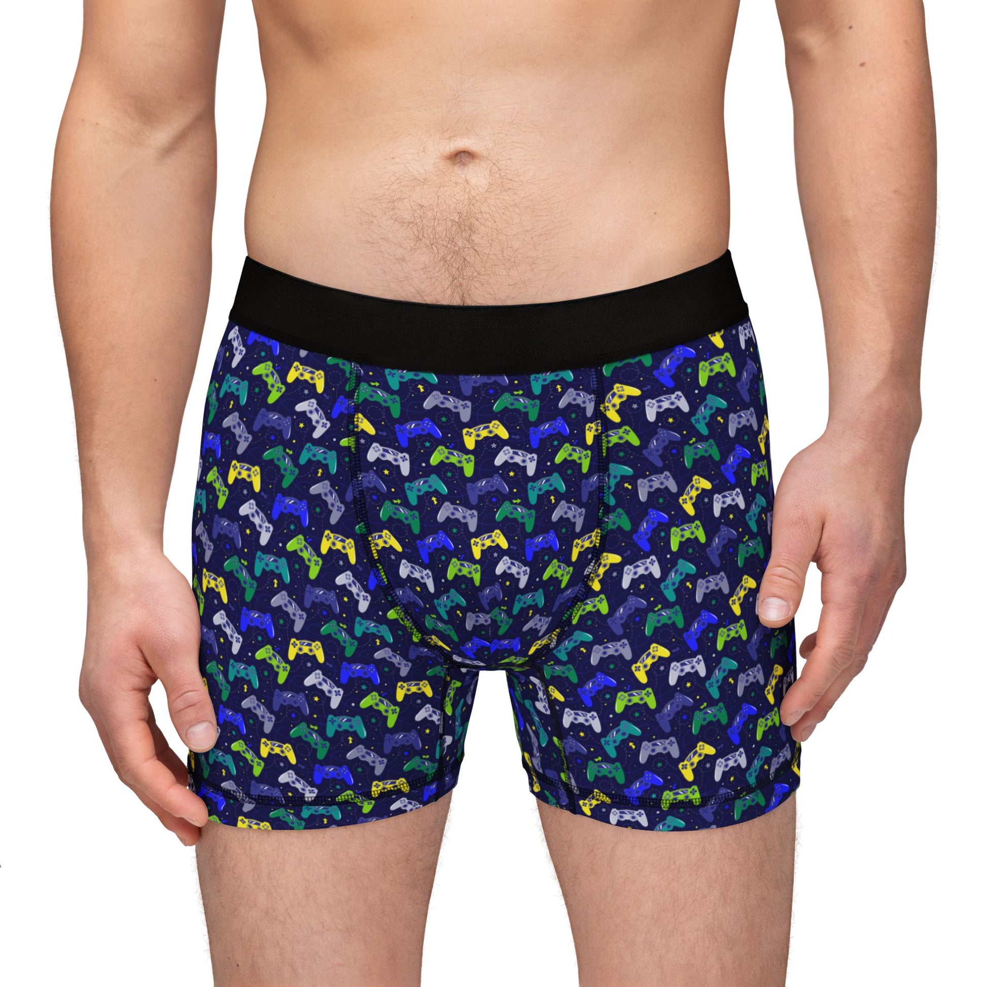 Front view of Gamer Men’s Boxers with colorful retro game controller print.