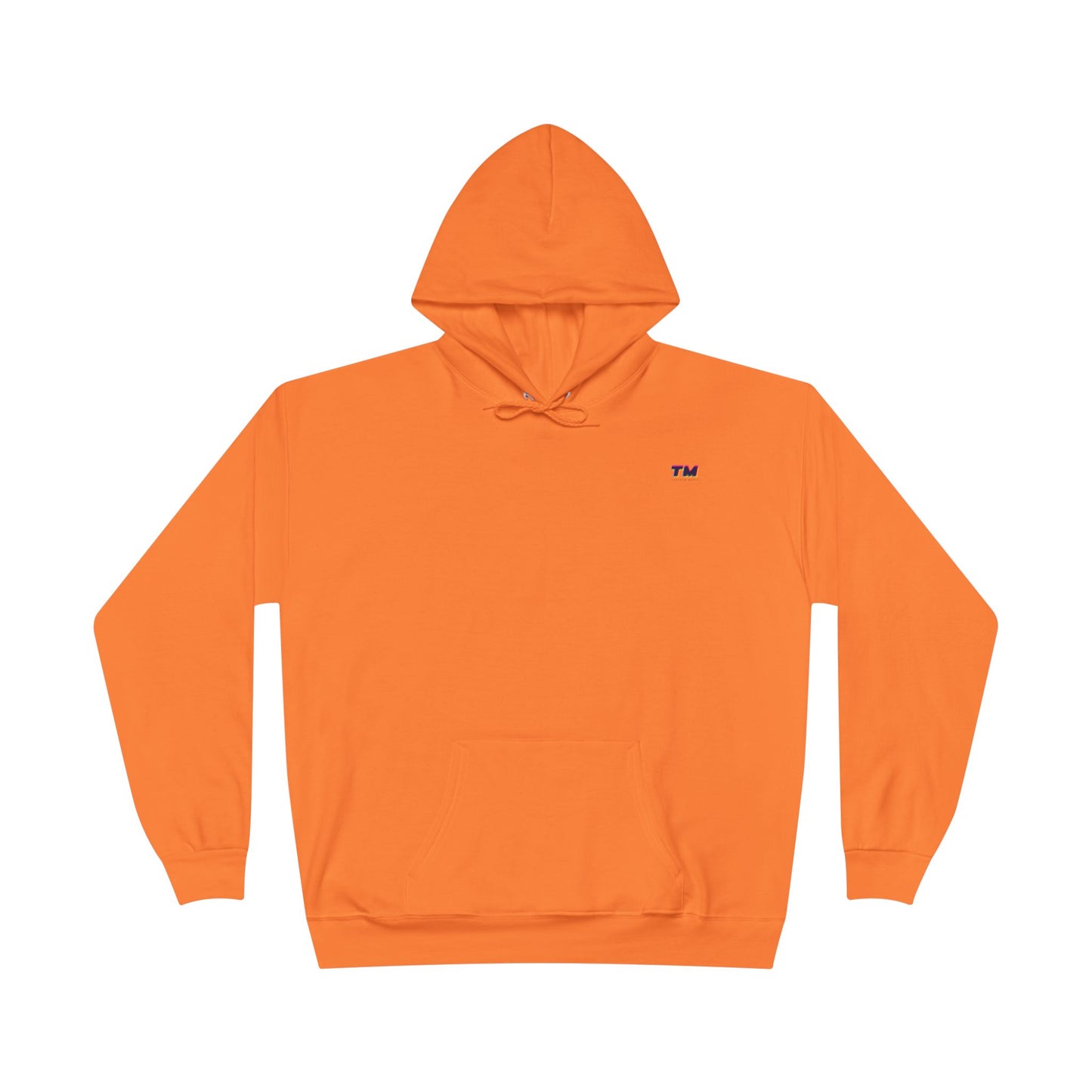 Flat lay of orange EcoSmart hoodie with small embroidered TM logo on chest.