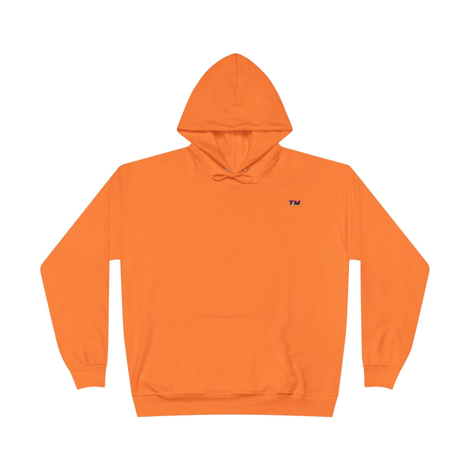 Flat lay of orange EcoSmart hoodie with small embroidered TM logo on chest.