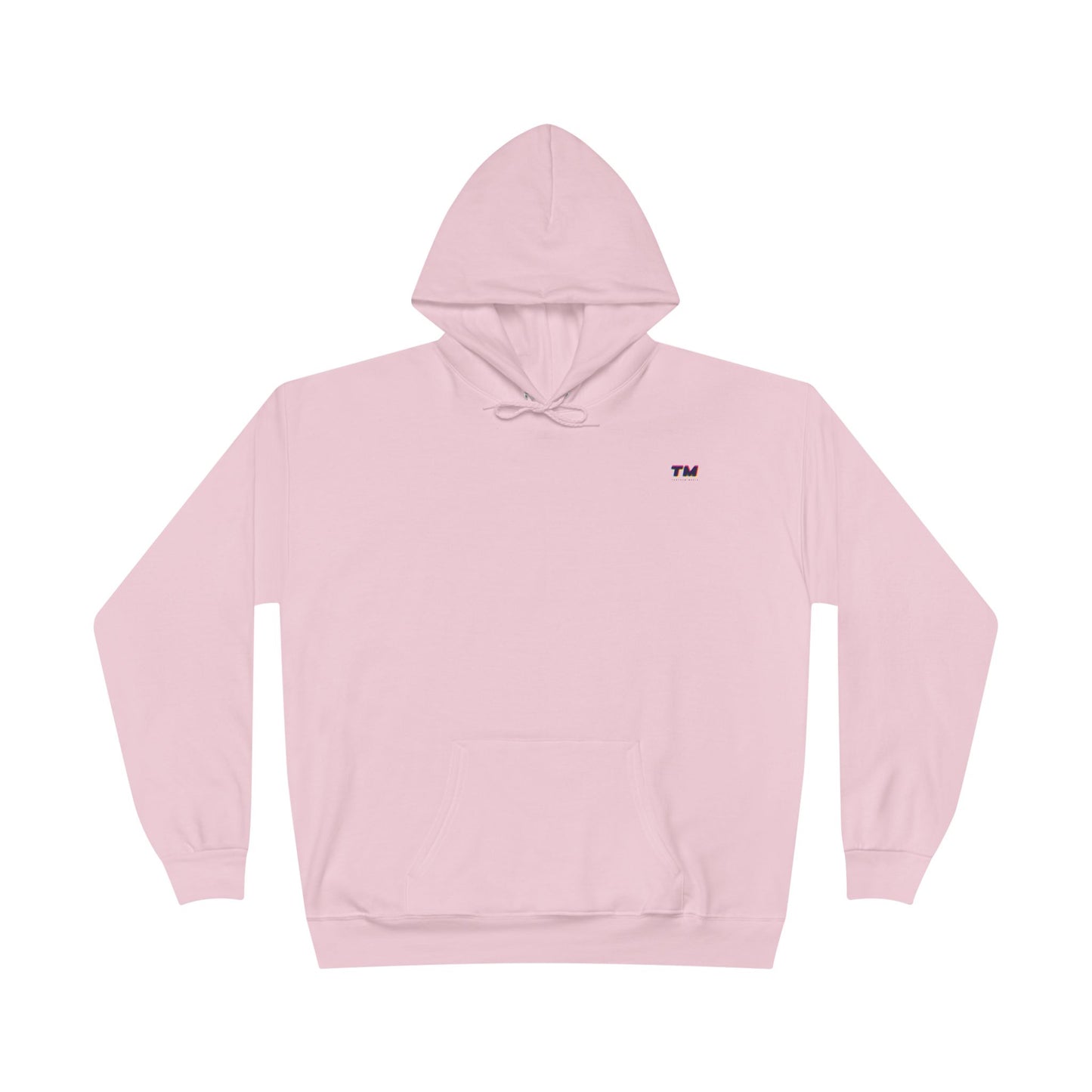 Flat lay of light pink EcoSmart hoodie with small embroidered TM logo on chest.