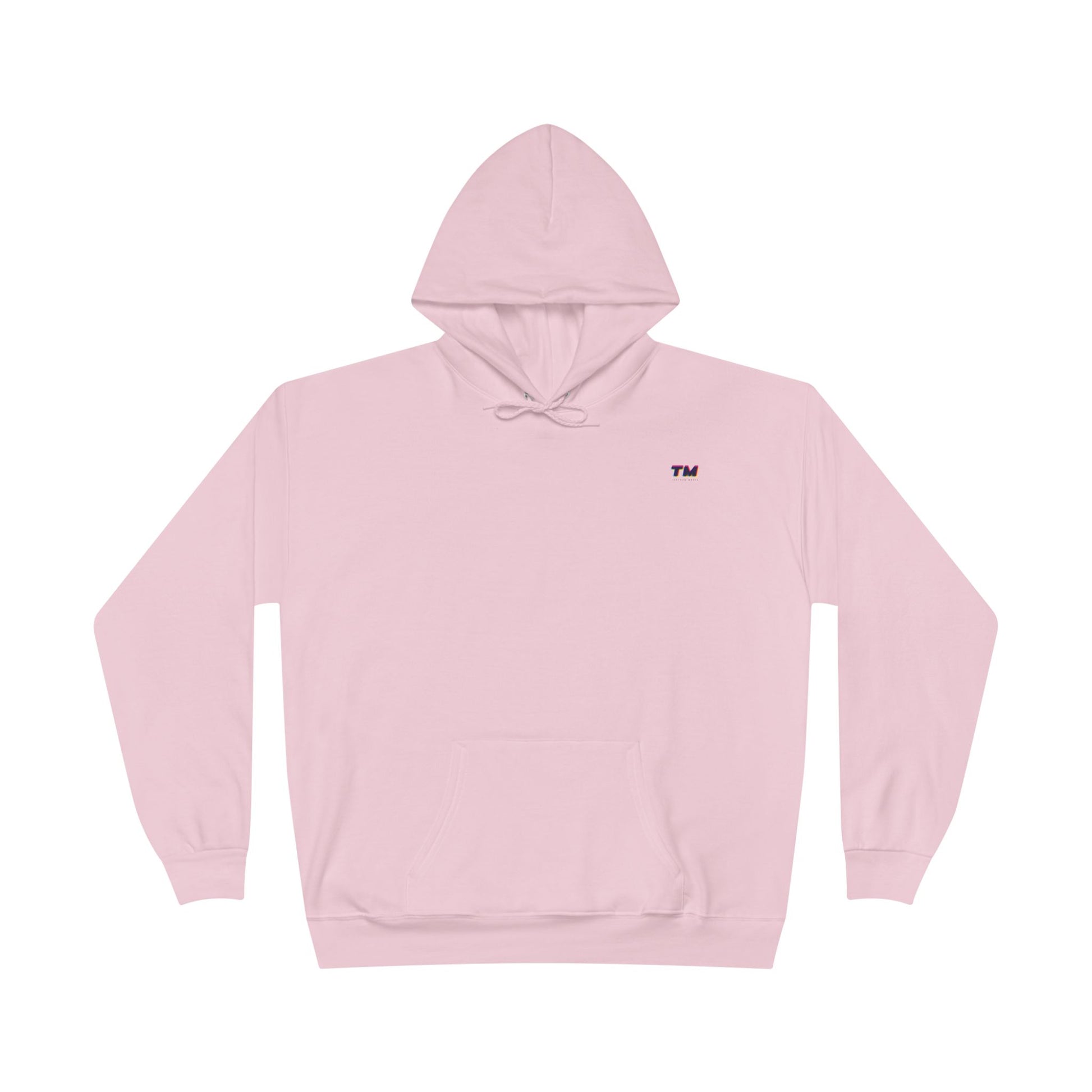 Flat lay of light pink EcoSmart hoodie with small embroidered TM logo on chest.