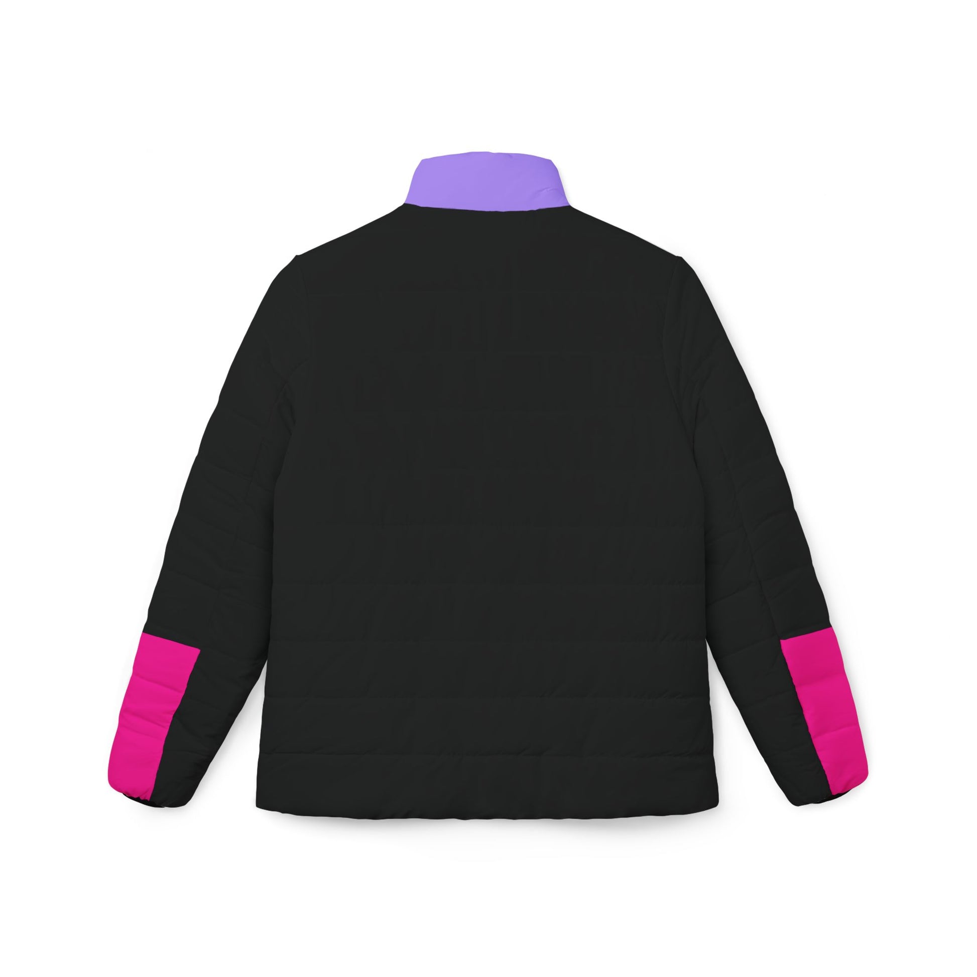 Back view of Pac-Man women’s black puffer jacket with purple collar and pink sleeves