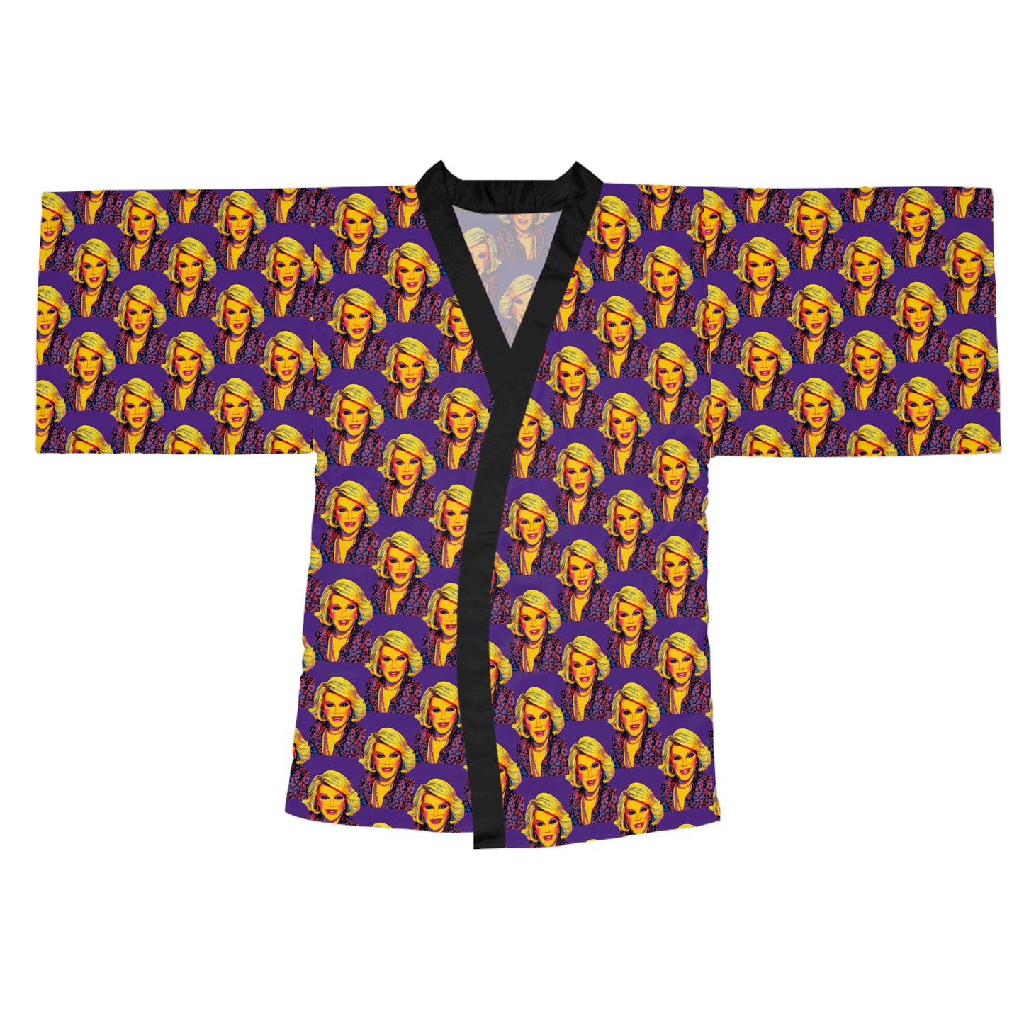 Front view of Joan Forever long sleeve kimono robe showing pop art print, wide sleeves, and contrast black trim.