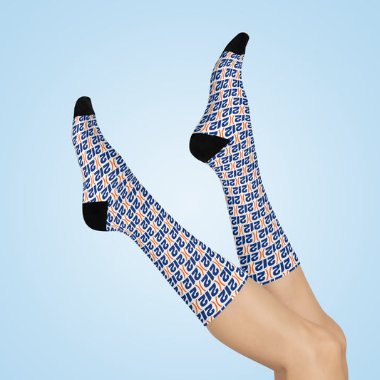 Model wearing (212) Socks with legs raised showing NYC area code design