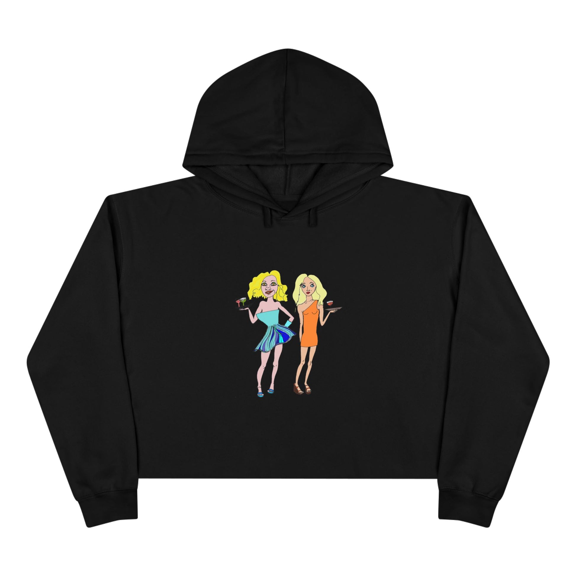 Waitress Crop Unisex Hoodie in black laid flat with original waitress artwork