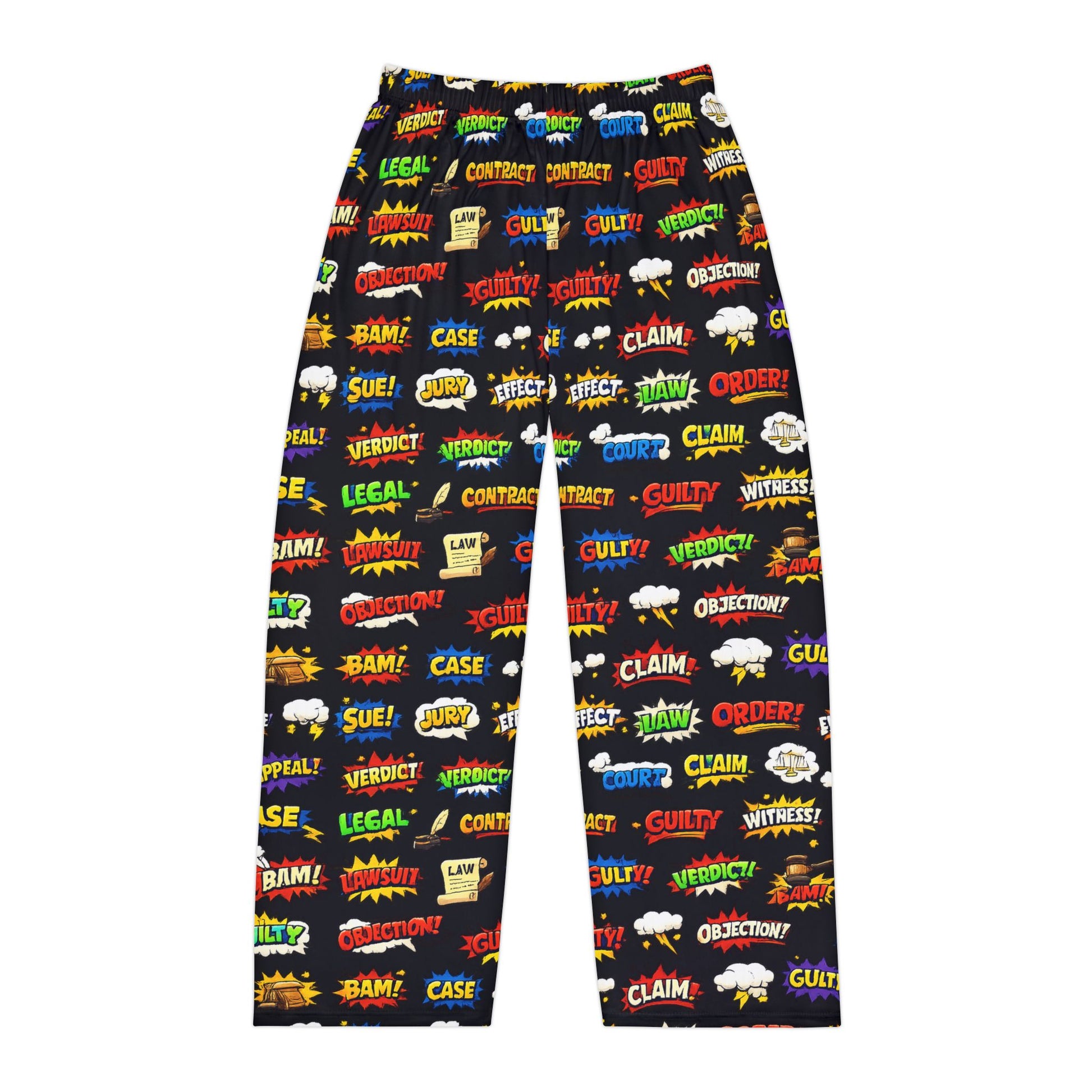 Legal pop art pajama pants for men with colorful courtroom word pattern front view