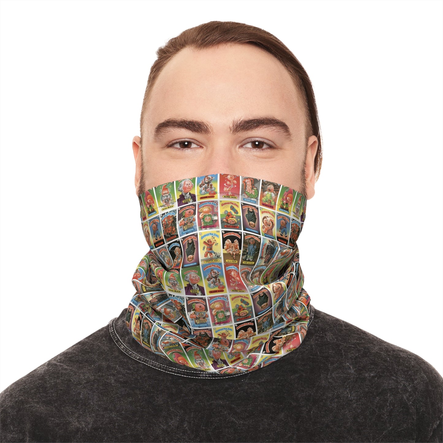 Man wearing lightweight retro trading card collage face cover neck gaiter