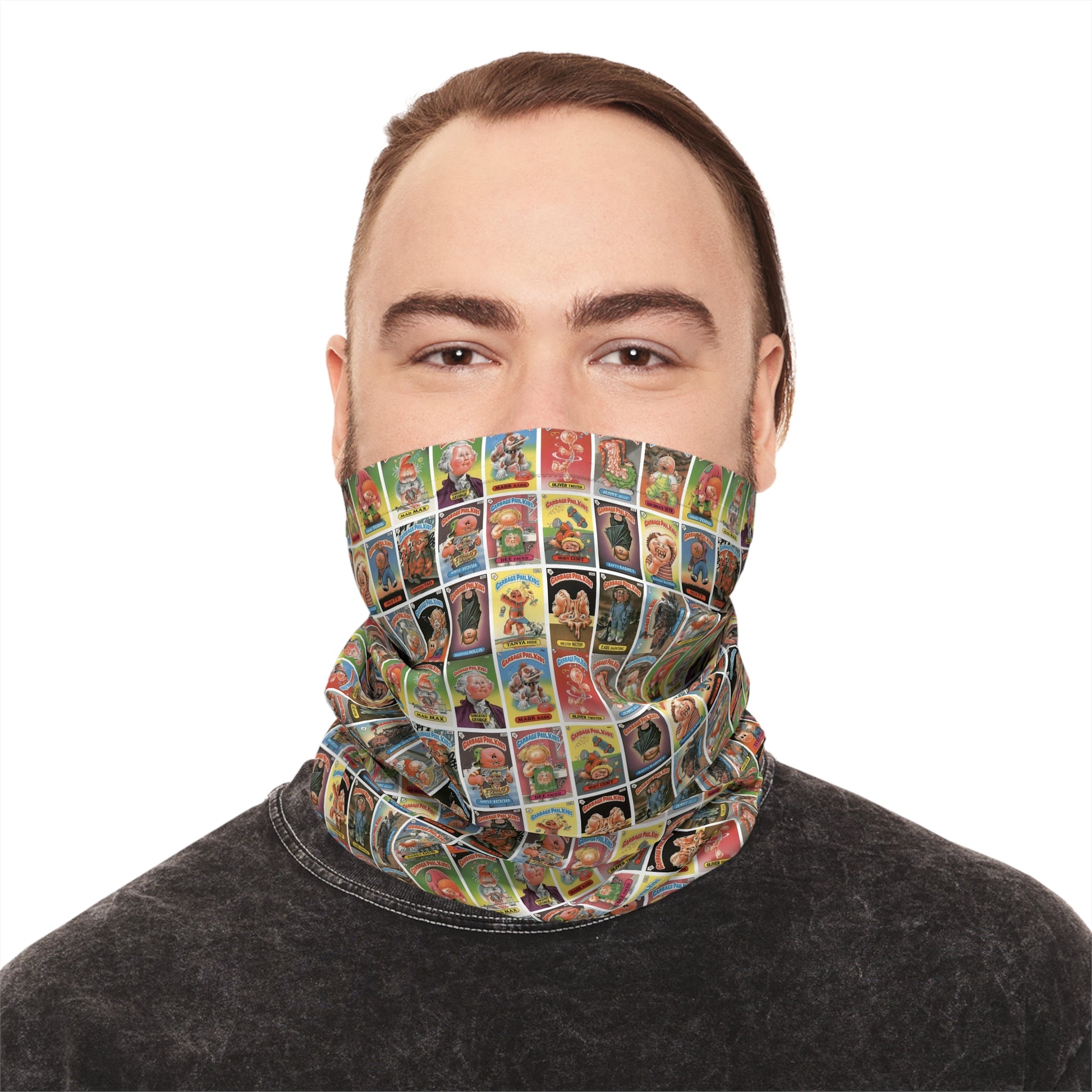 Man wearing lightweight retro trading card collage face cover neck gaiter
