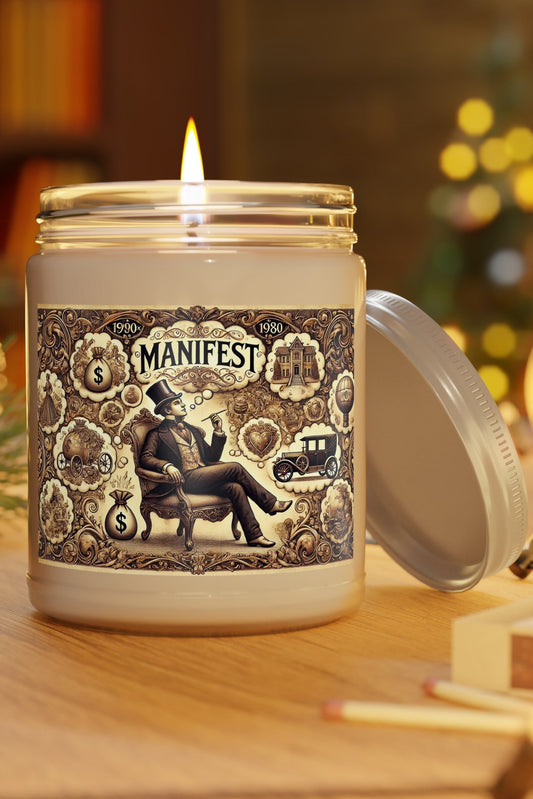 Lit Manifest soy candle in clear glass jar on wooden table