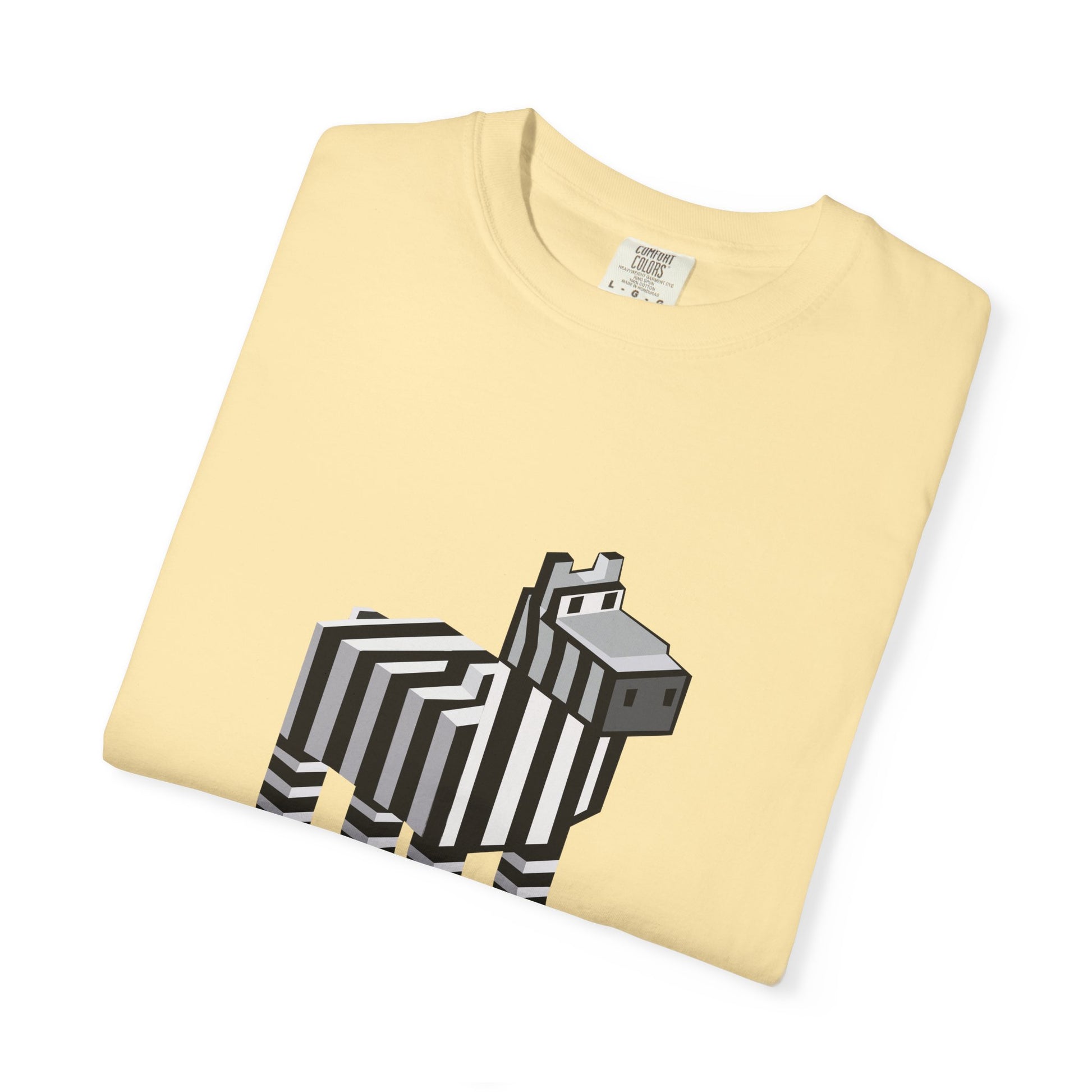 Unisex Pixel Zebra T-Shirt folded flat in yellow with pixel zebra design