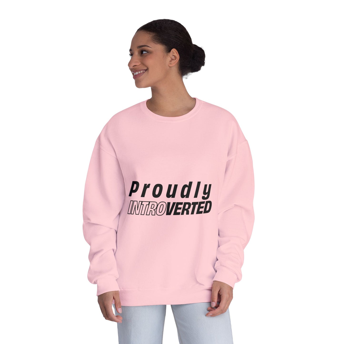 Female model in pink Proudly Introverted Sweatshirt with relaxed fit