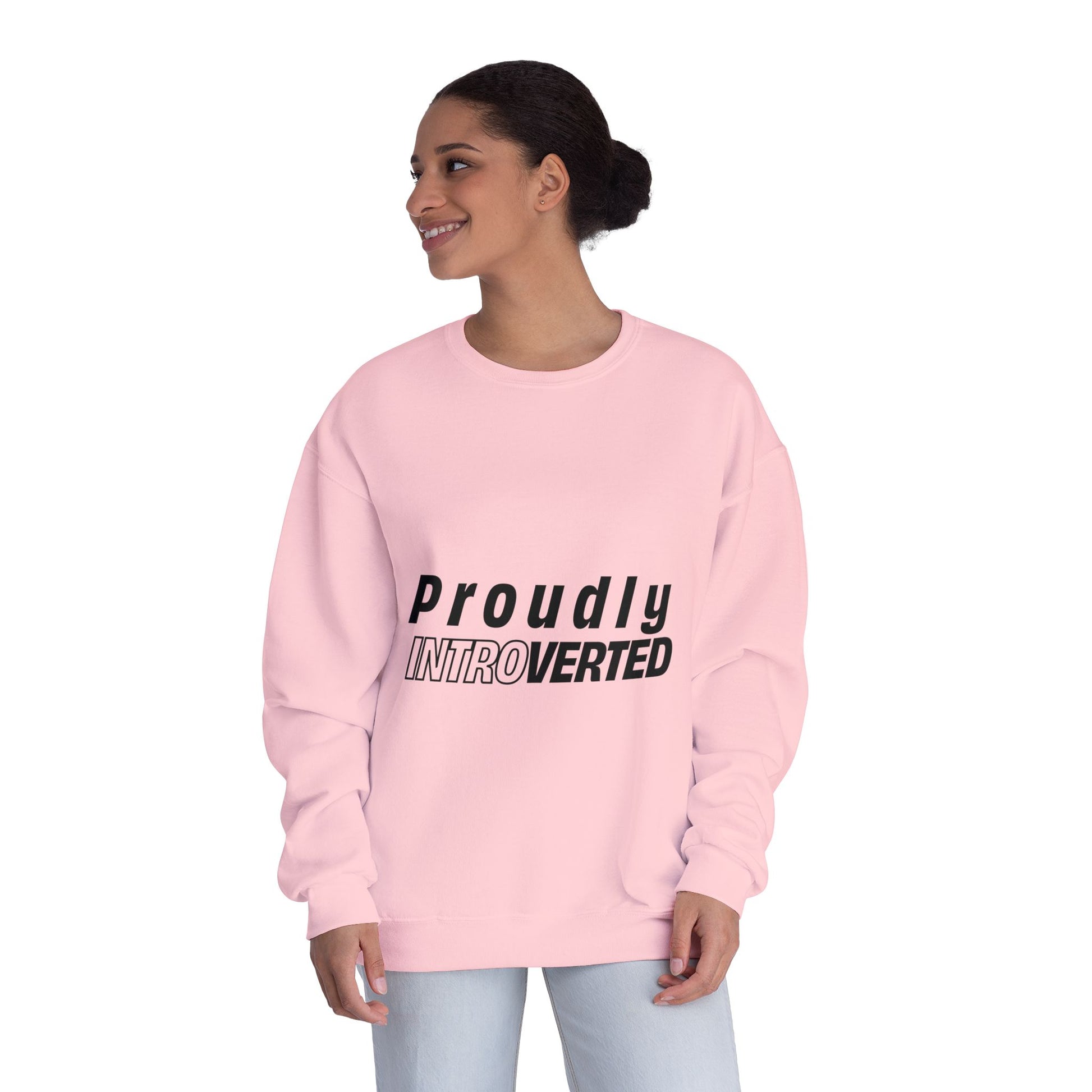 Female model in pink Proudly Introverted Sweatshirt with relaxed fit