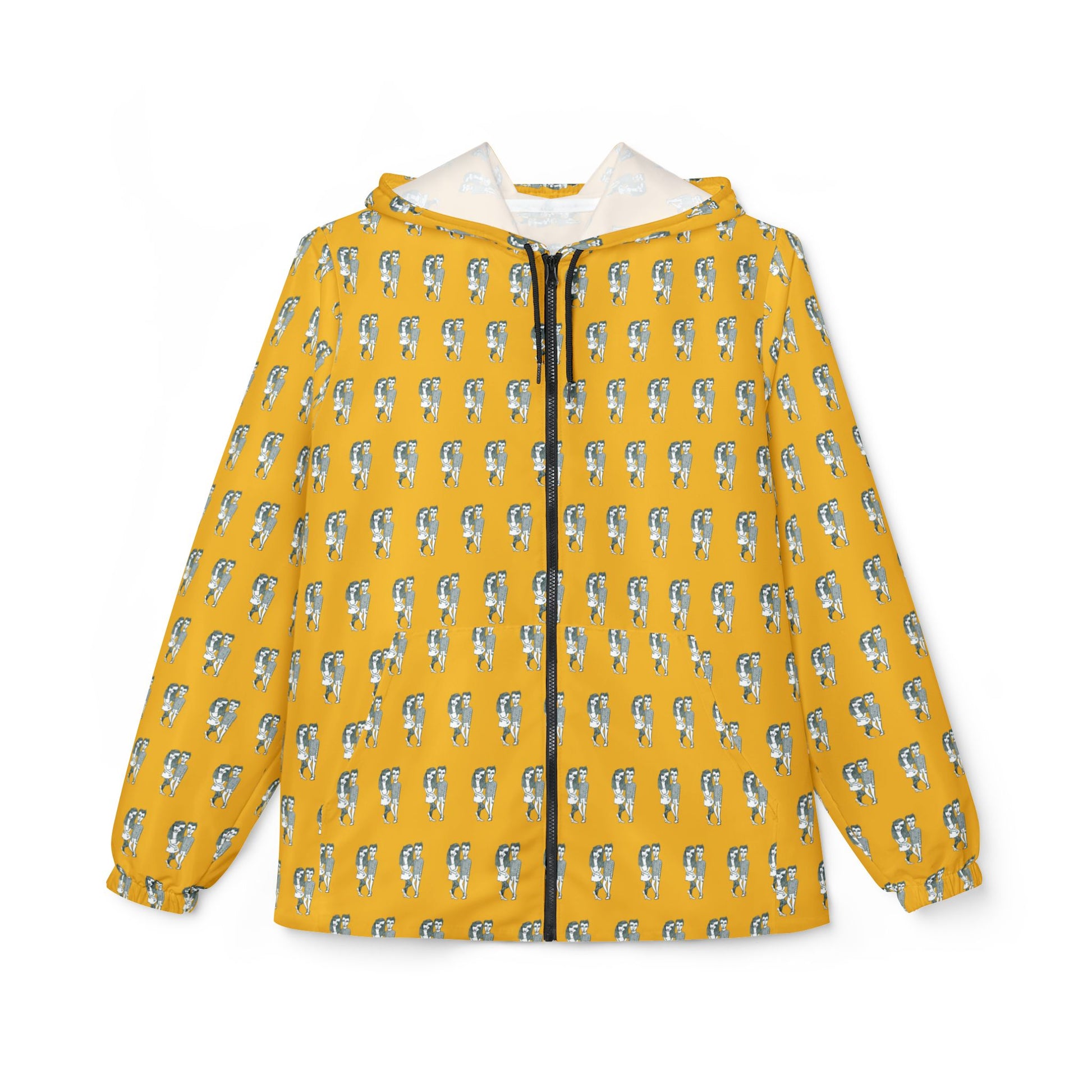 Front view of Babes Windbreaker Jacket with yellow body and hand-drawn retro junkie couple print.