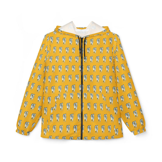 Front view of Babes Windbreaker Jacket with yellow body and hand-drawn retro junkie couple print.