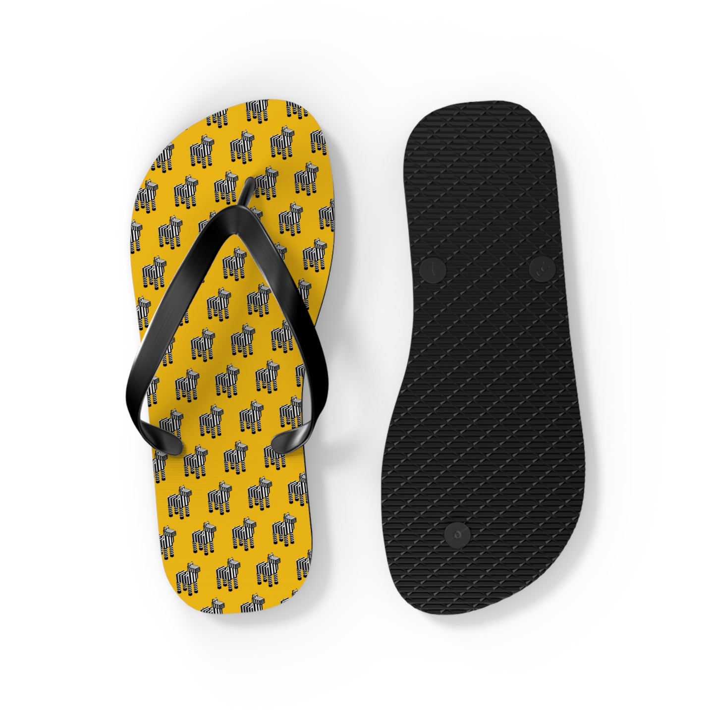 Arcade Zebra Flip Flops close-up angled view of black strap and pixel zebra pattern