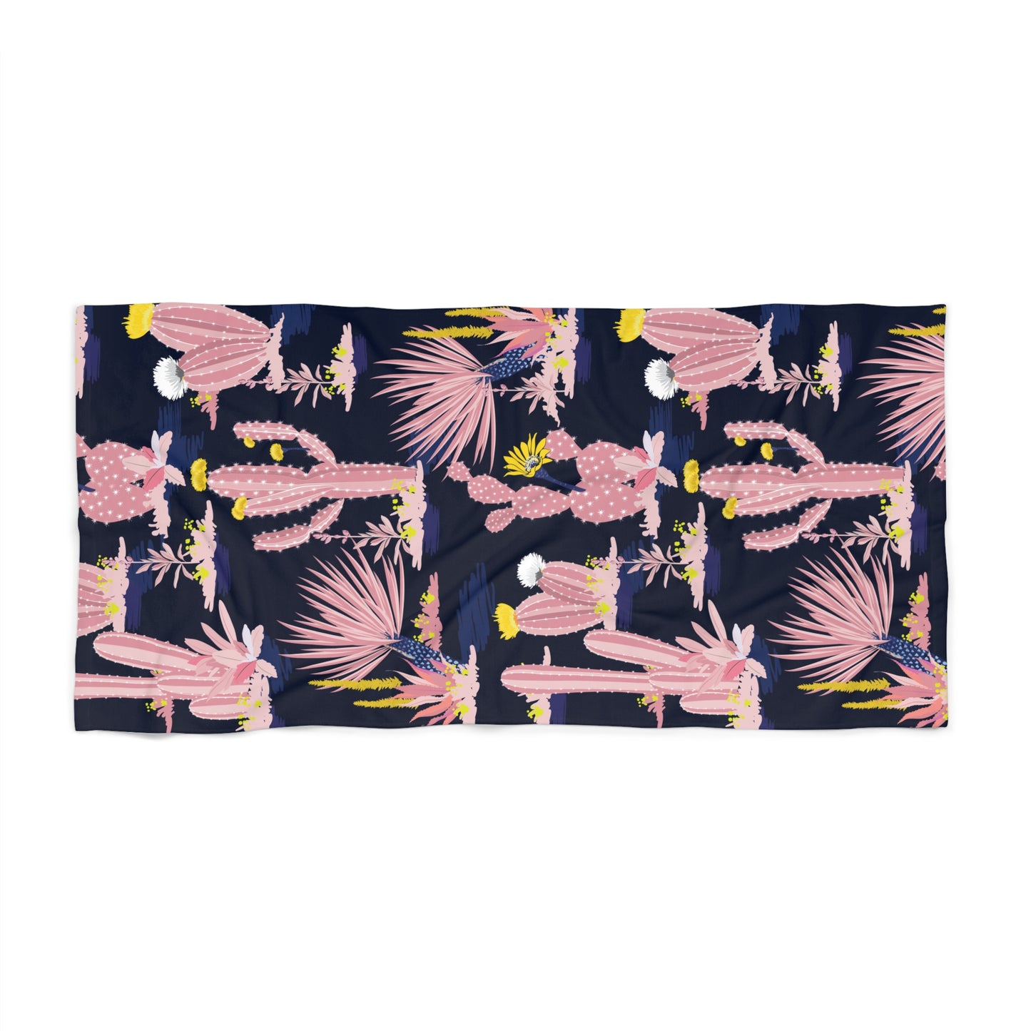 Flat lay of pink cactus patterned beach towel on white background