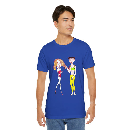 Male model wearing a royal blue Charlotte and Van hand-drawn couple tee, standing casually with arms at sides.