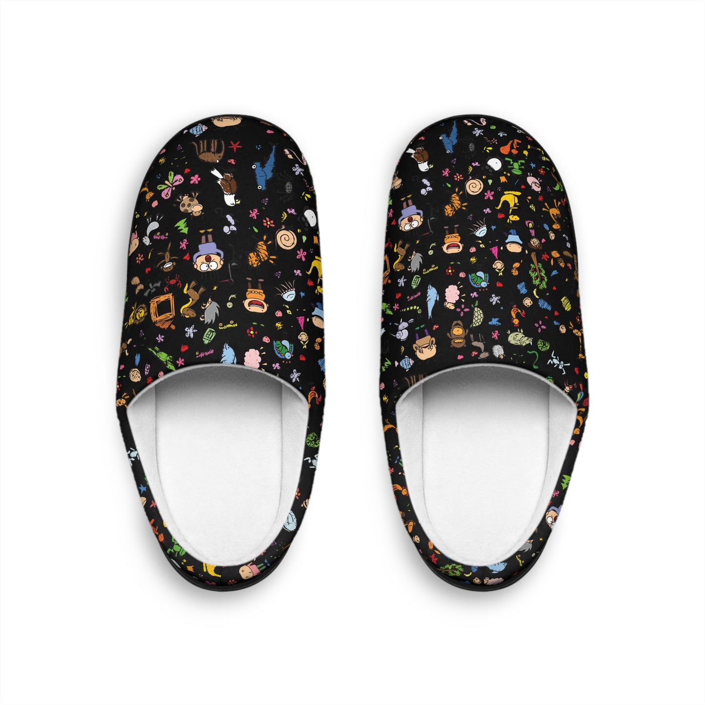 Top-down view of Women’s Cartoon Cozy Slippers displaying both slippers side by side with the full multicolor cartoon pattern.
