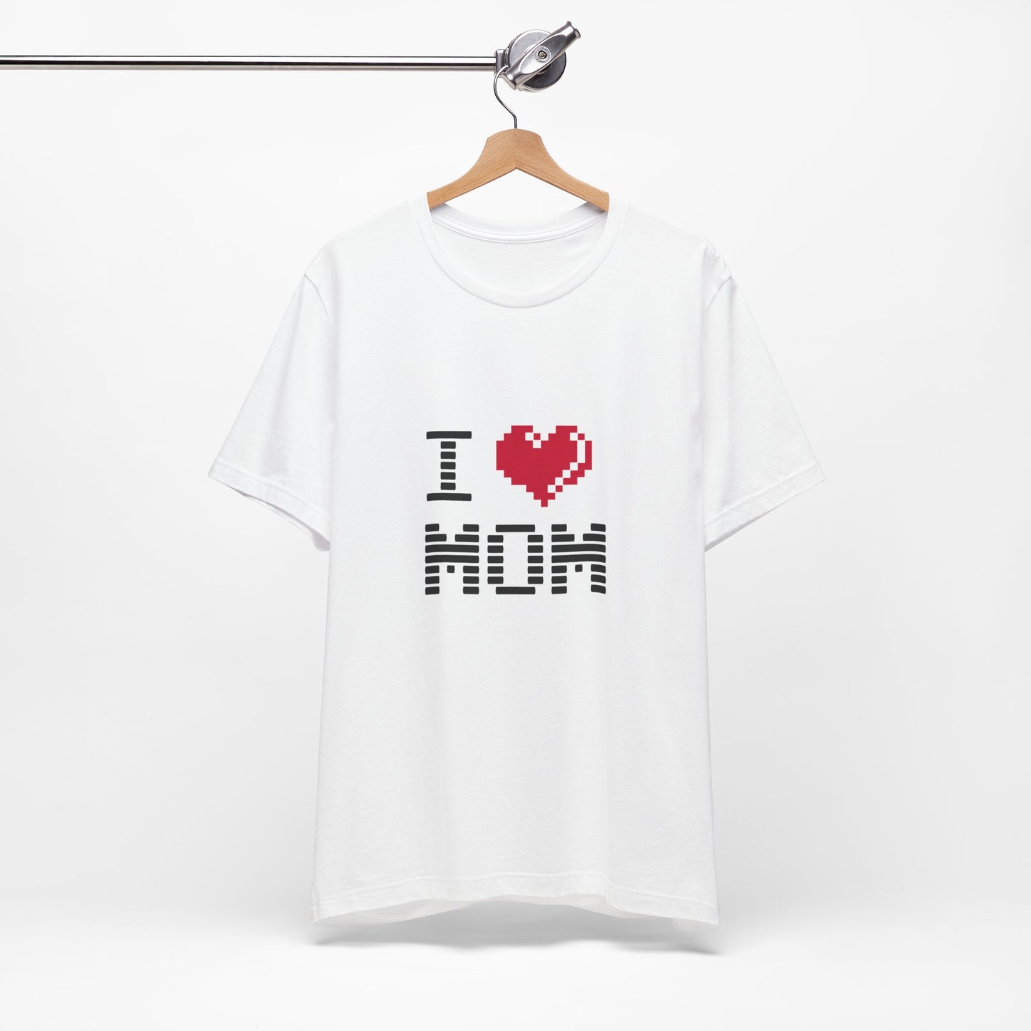 White I Love Mom Pixel Tee on hanger front view