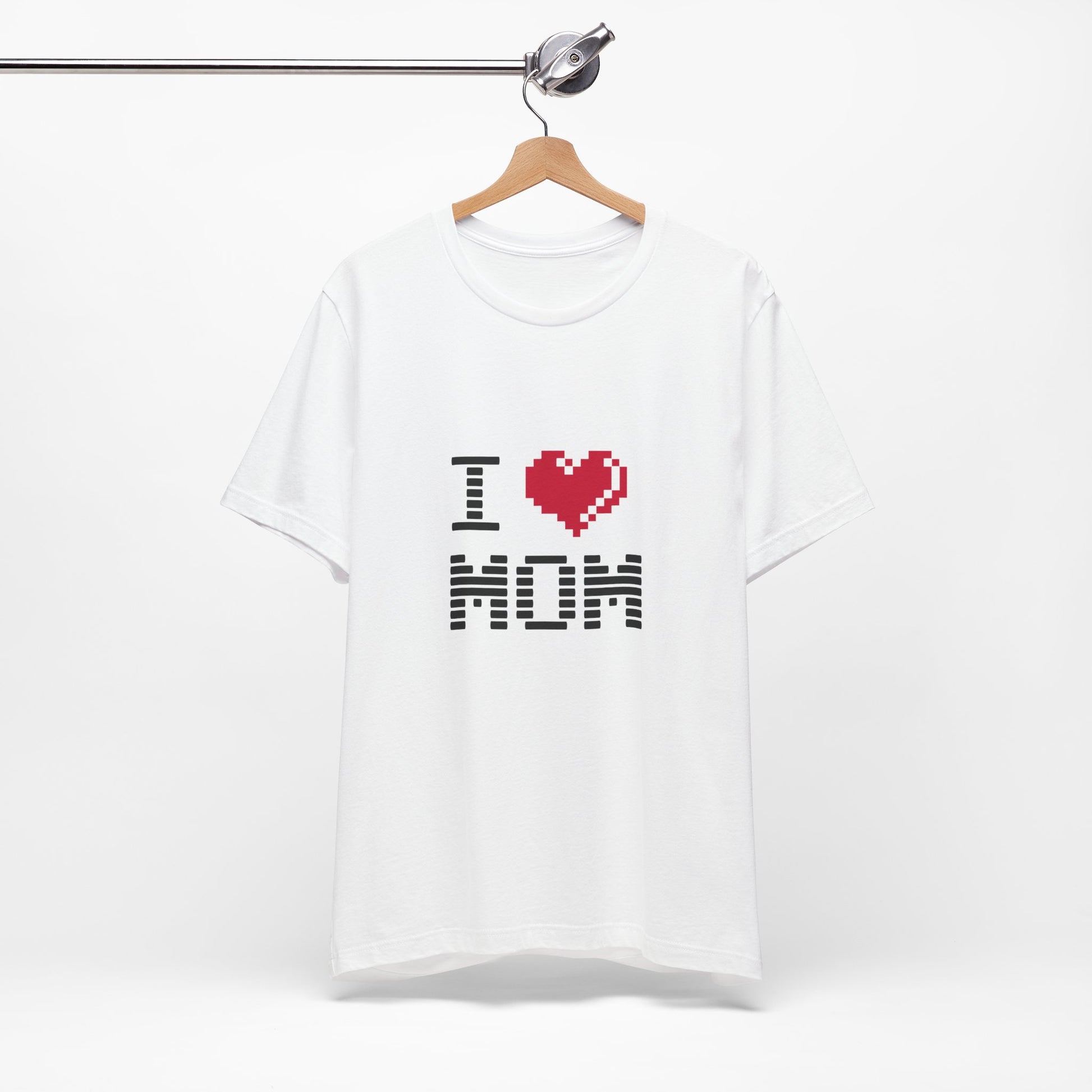 White I Love Mom Pixel Tee on hanger front view