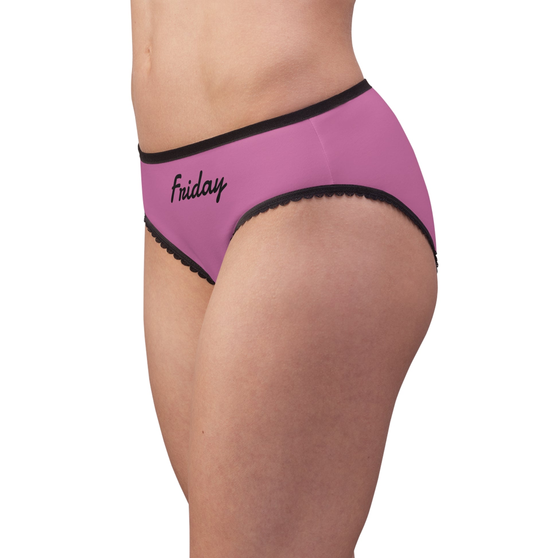 woman wearing friday panty side view pink briefs black trim