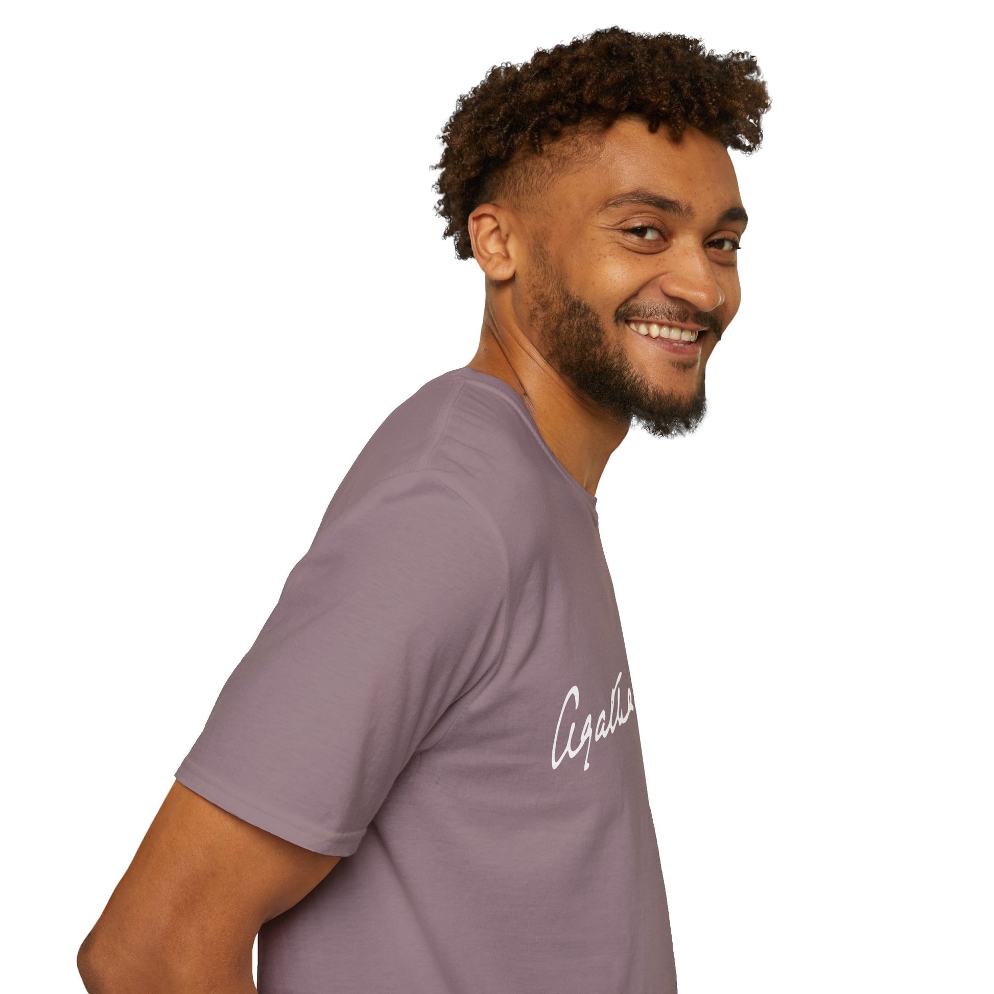 man wearing agatha christie shirt side view casual outfit