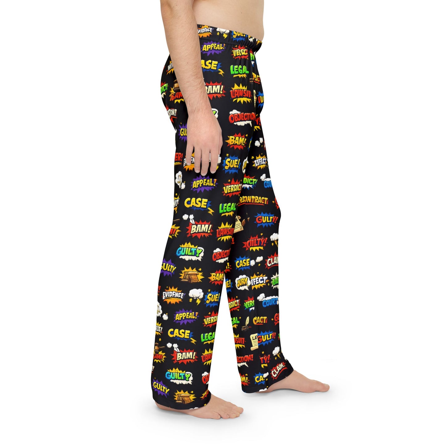 Side view of men’s legal pajama pants showing relaxed fit and elastic waistband