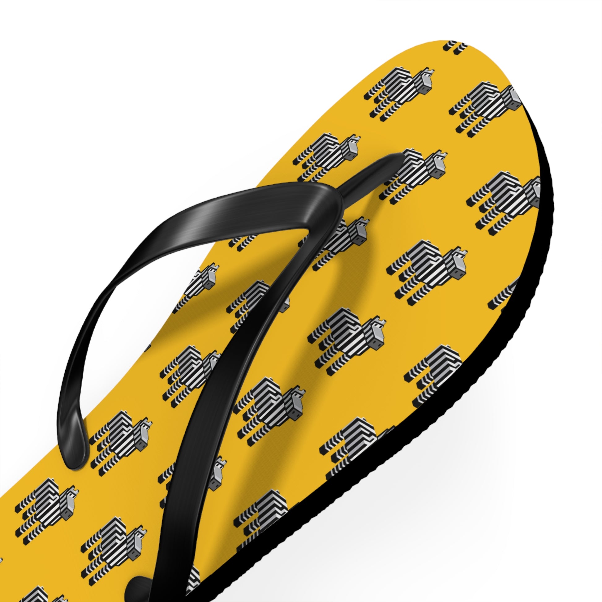 Close-up of Arcade Zebra Flip Flops highlighting black PVC straps and zebra graphic.