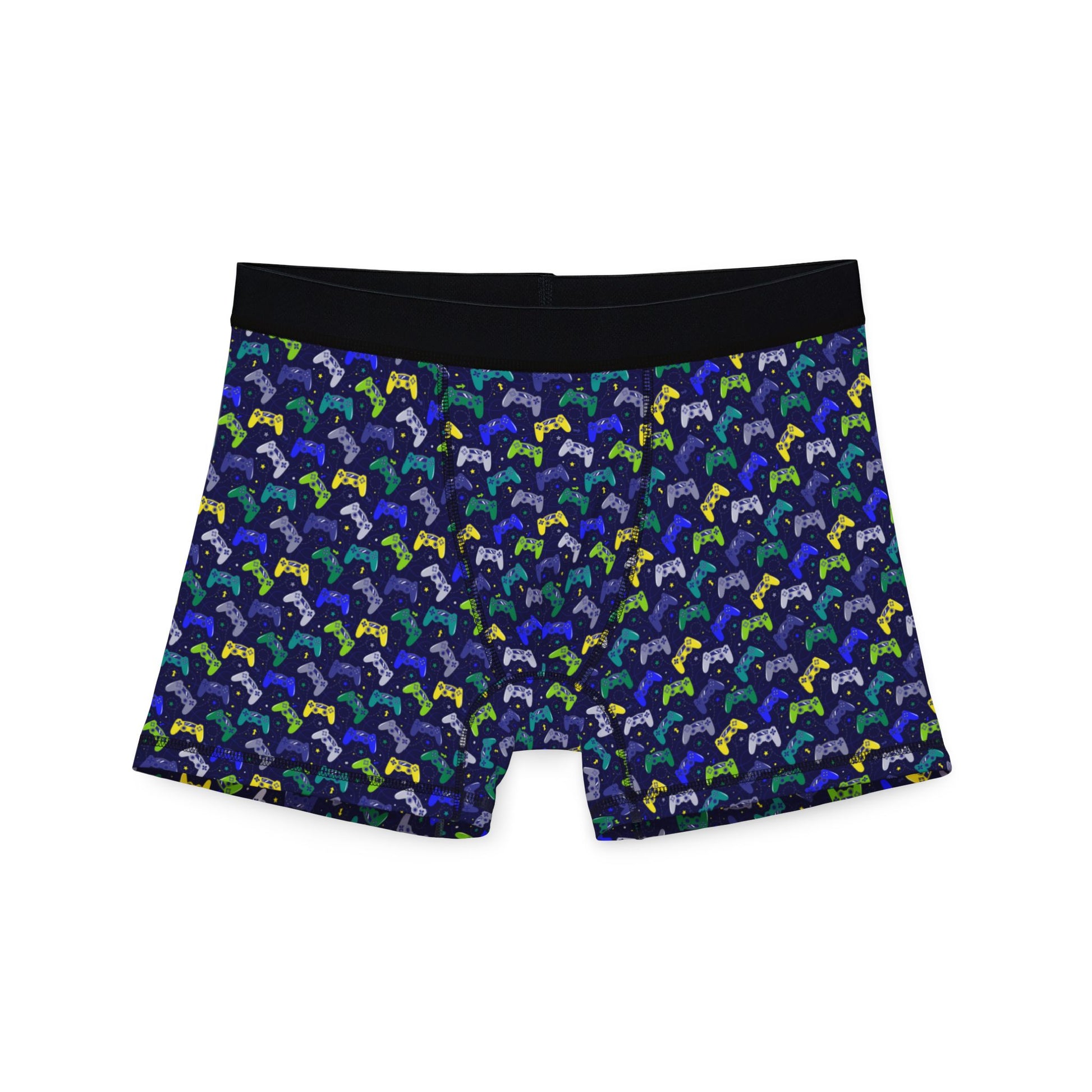 Flat lay front view of Gamer Men’s Boxers with black waistband and gaming pattern.