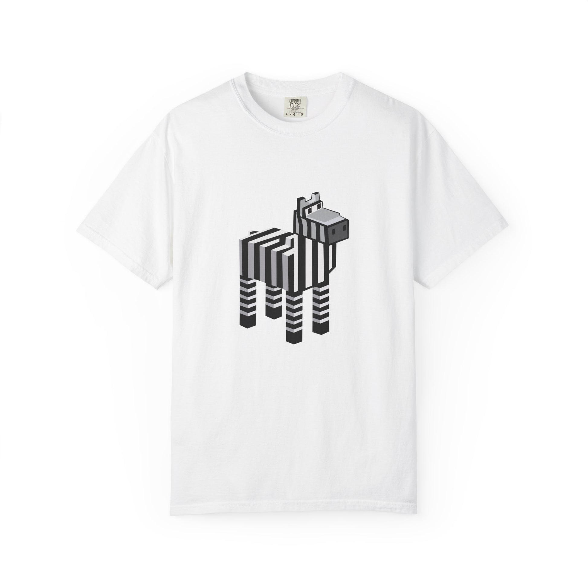 Unisex Pixel Zebra T-Shirt flat lay in white with pixel zebra design