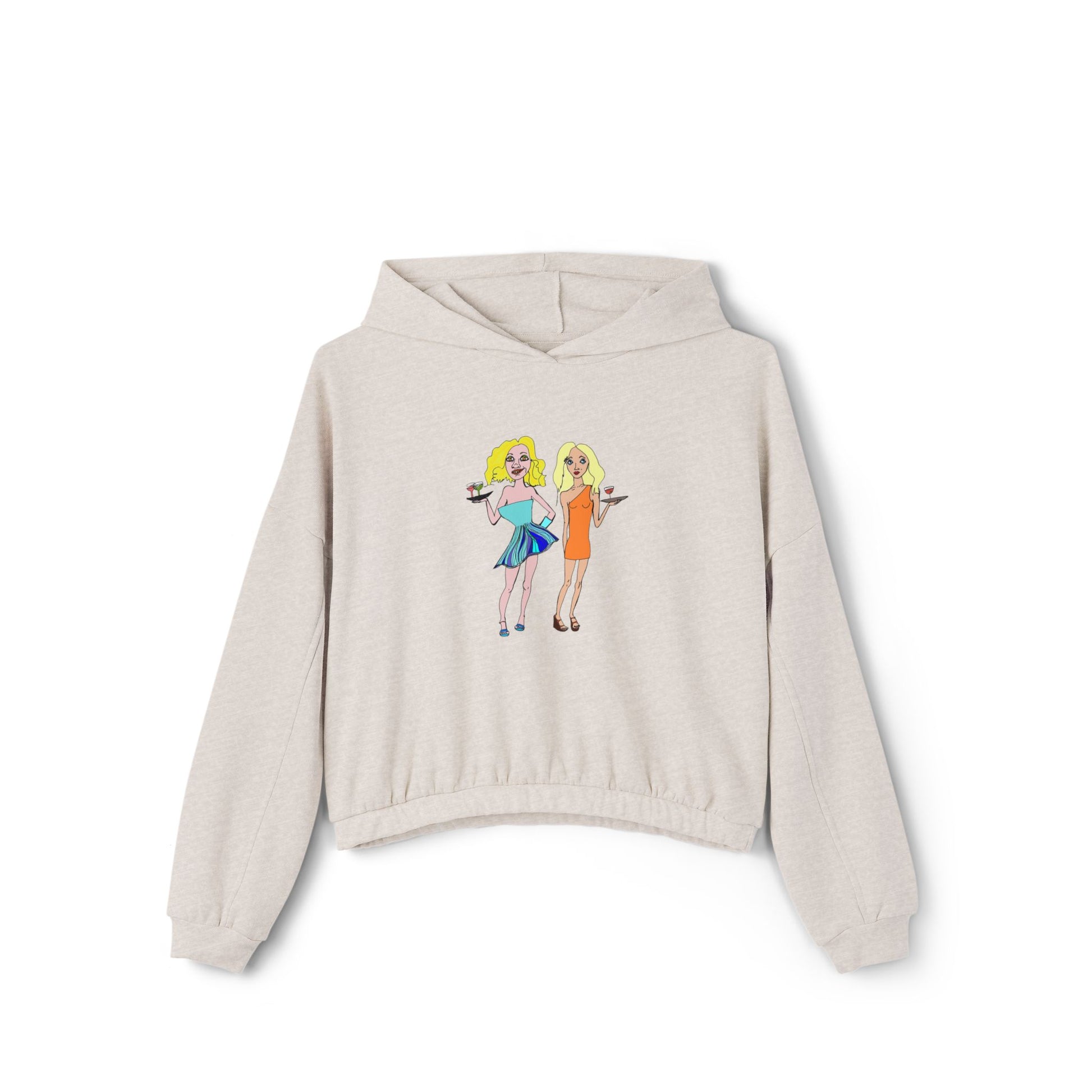Flat lay of oatmeal-colored waitress hand-drawn hoodie, front design visible.