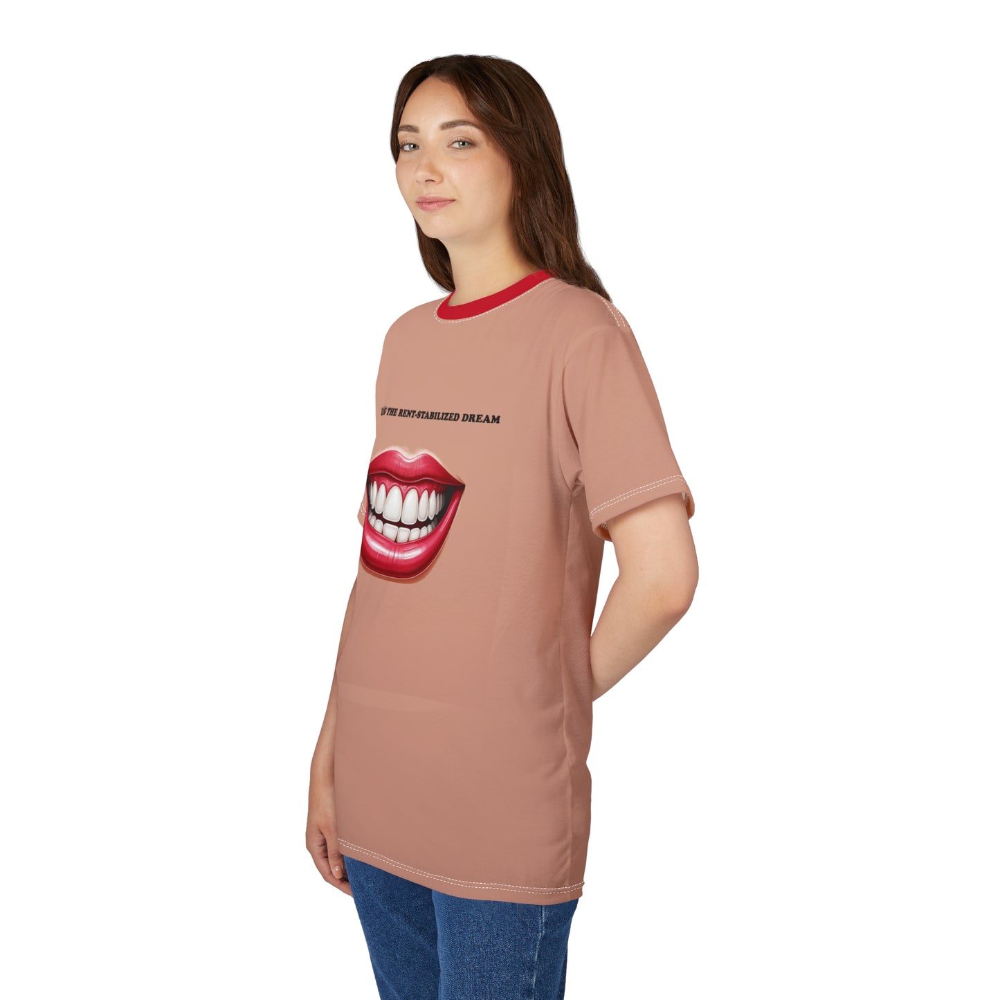 Female model wearing Rent-Stabilized Dream Unisex T-Shirt, side profile