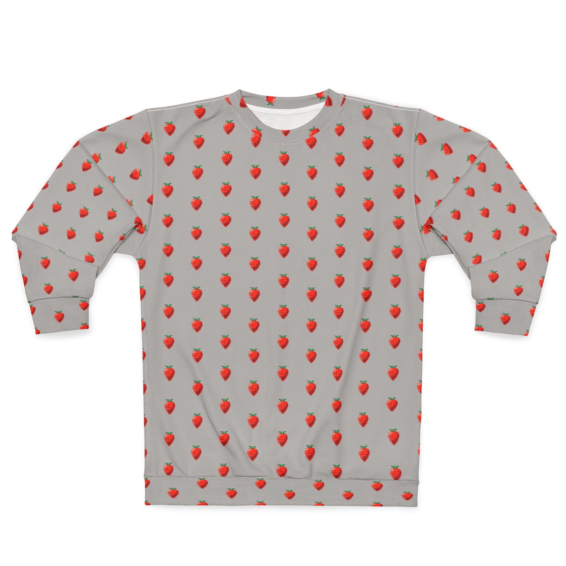 Front view of 8-bit Strawberry Sweatshirt with repeating strawberry pixel art