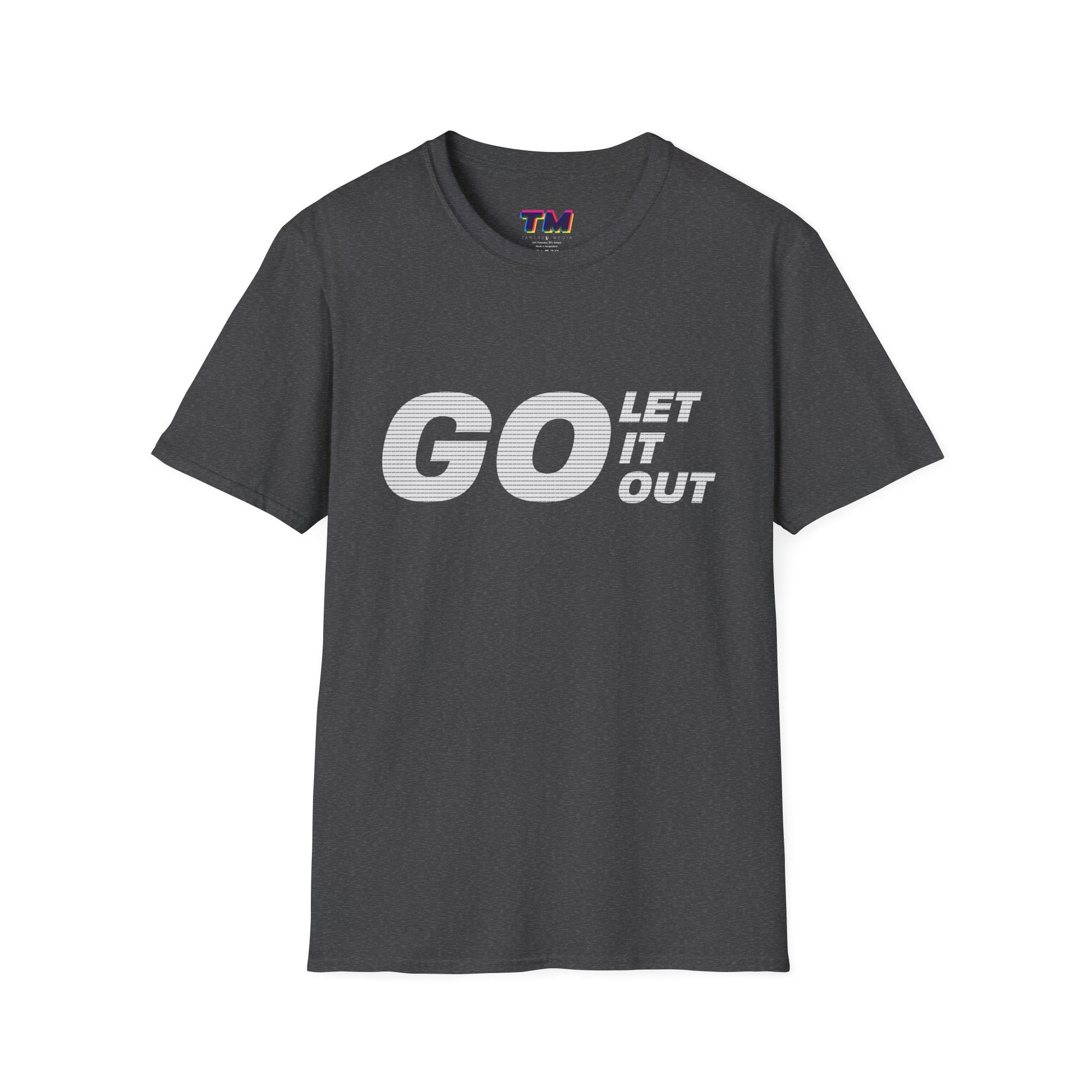 Dark gray Oasis Go Let It Out T-shirt on hanger-style mockup